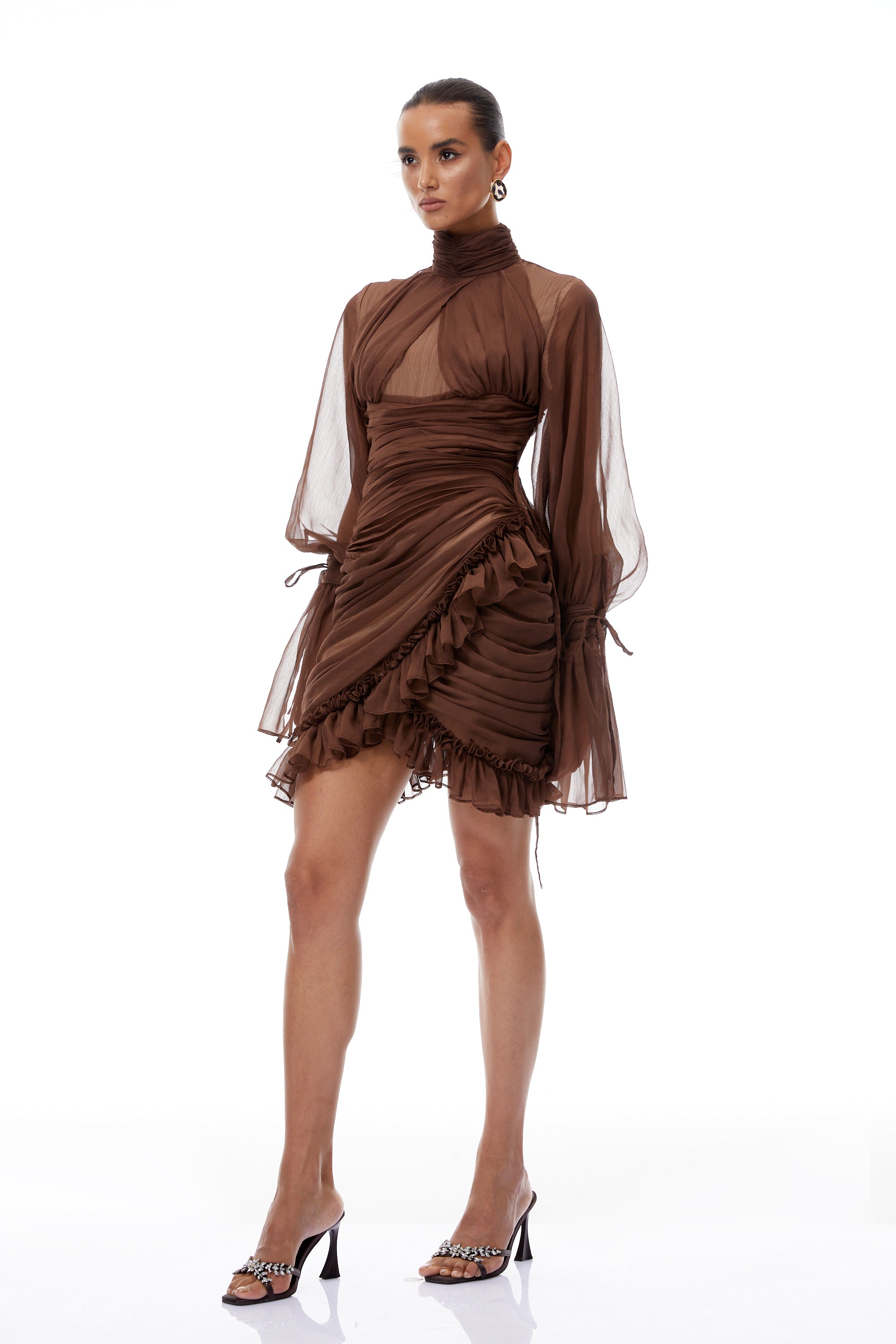 Jade Brown Ruched Tulle Mini Dress