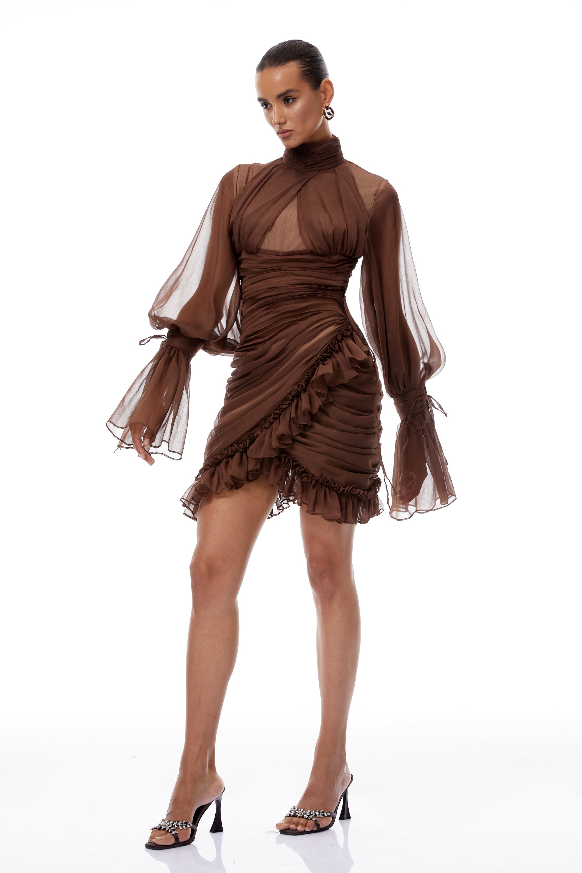 Jade Brown Ruched Tulle Mini Dress