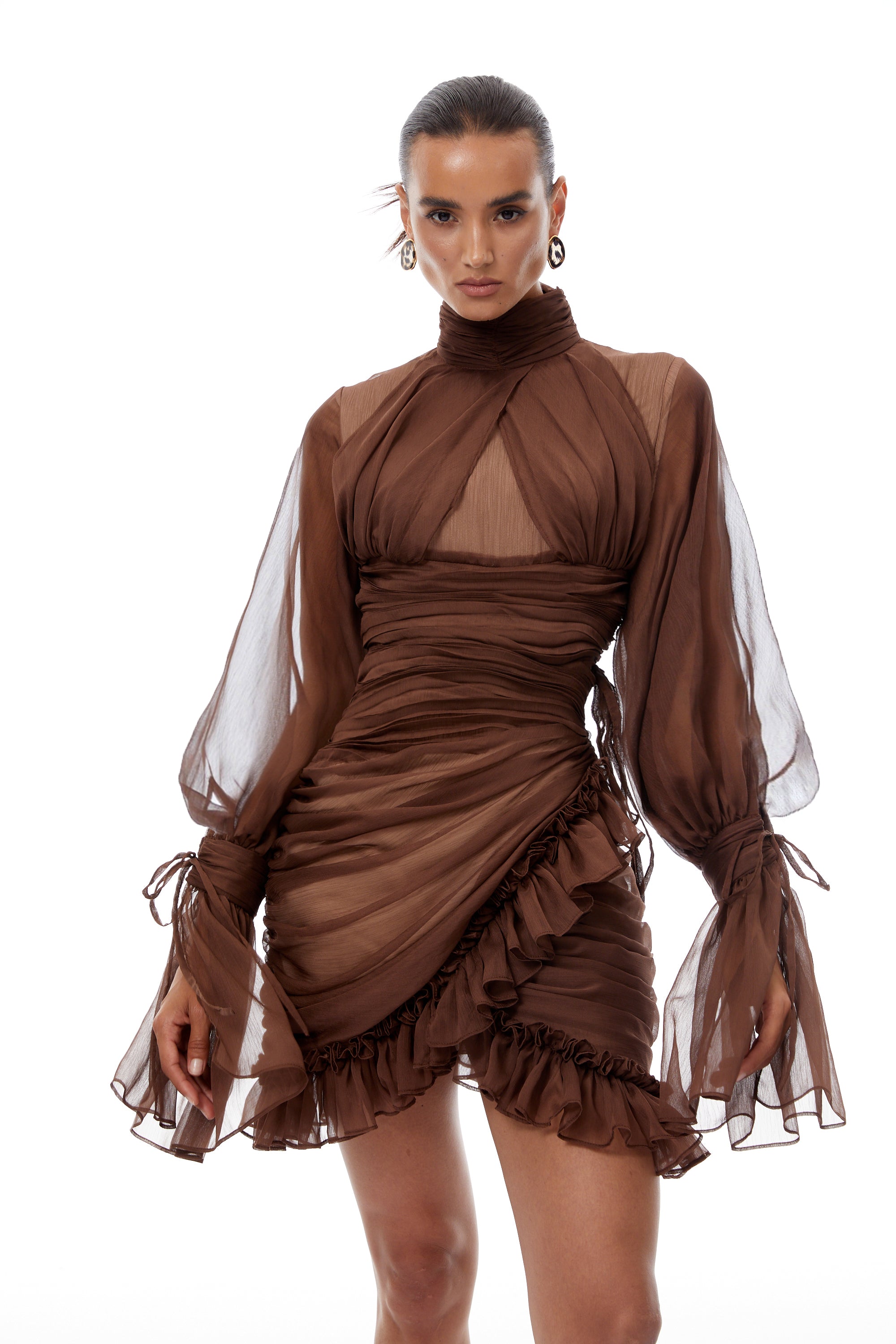 Jade Brown Ruched Tulle Mini Dress