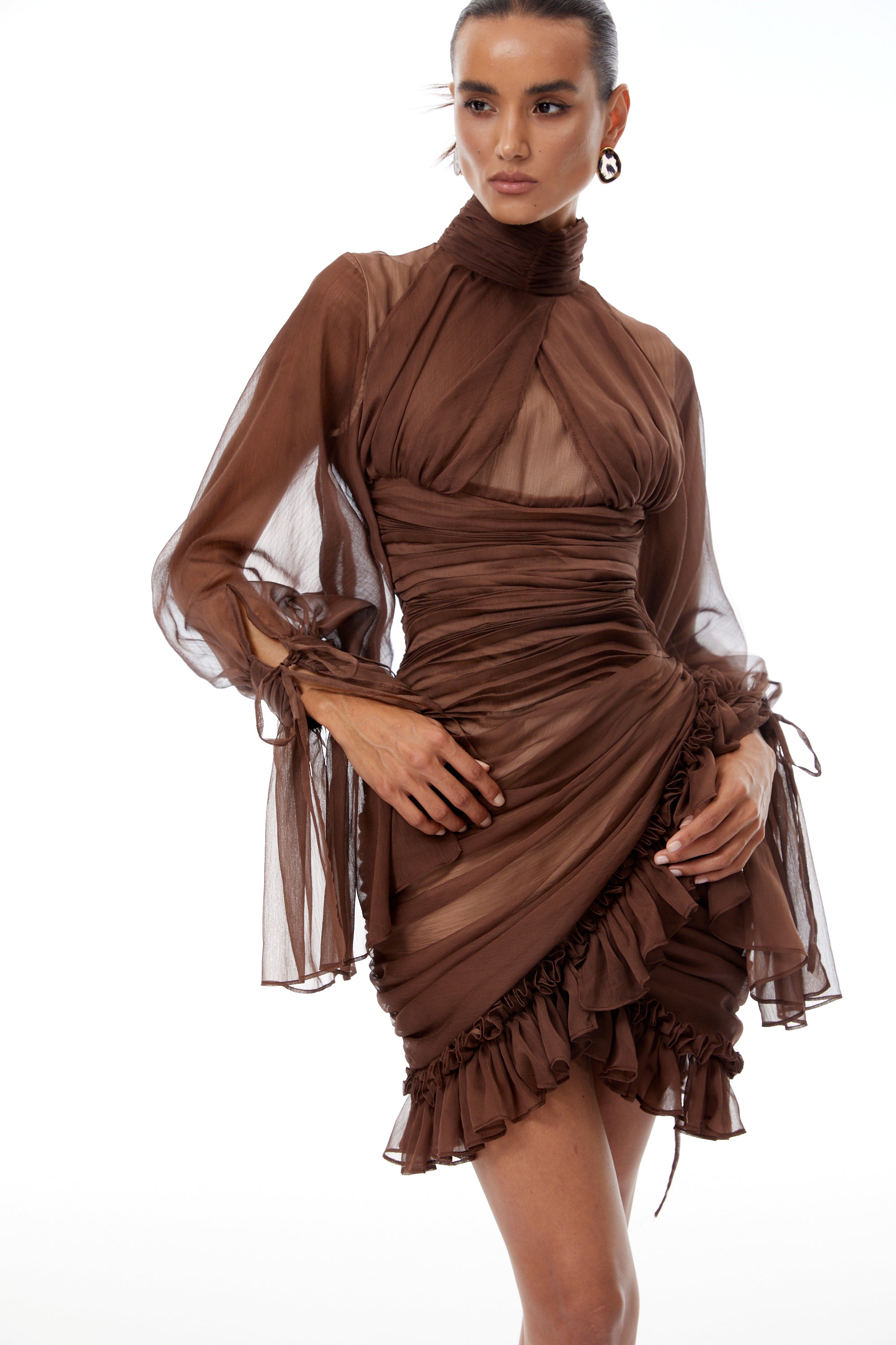 Jade Brown Ruched Tulle Mini Dress