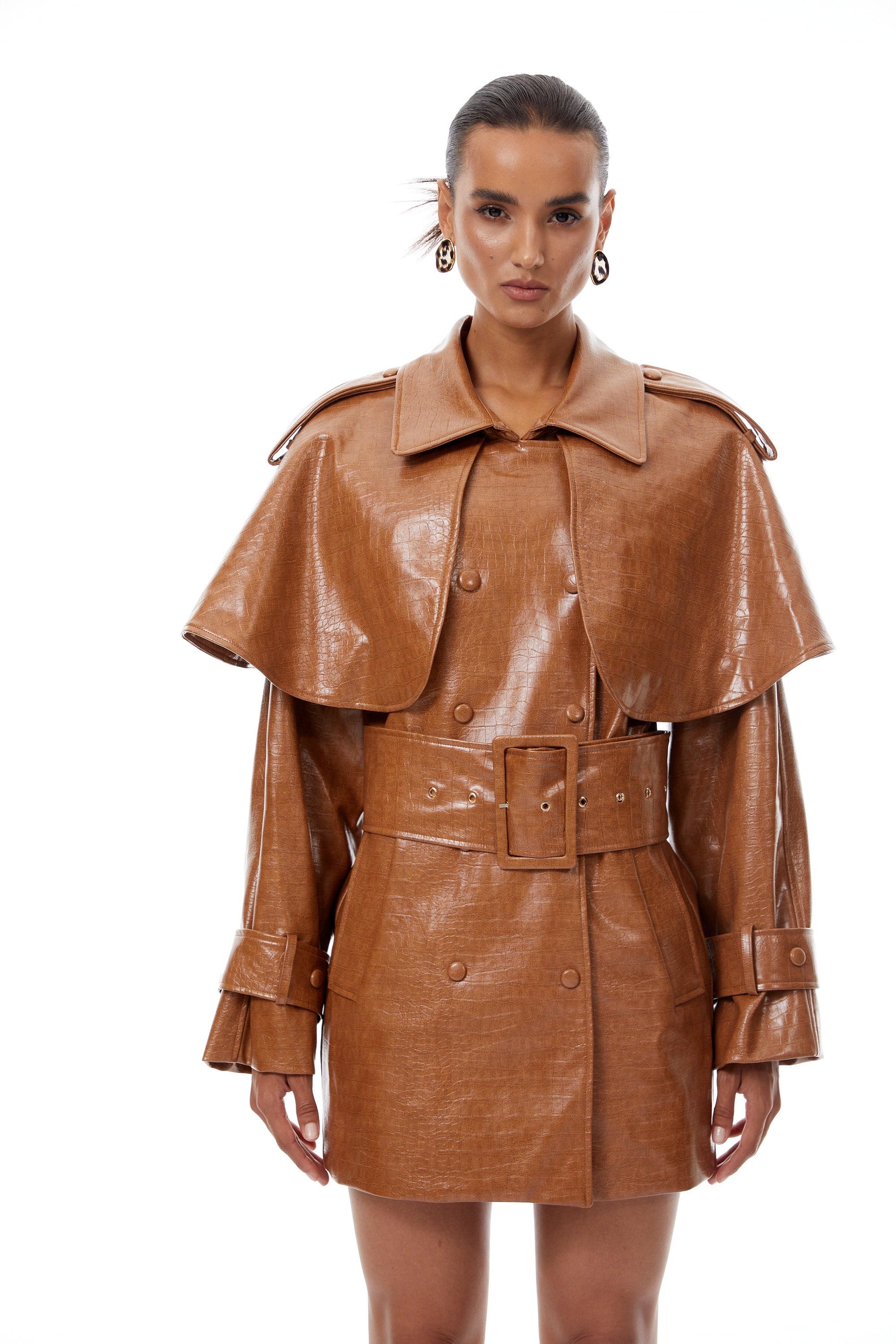 Lisette Caramel Textured Leather Trench Coat (Final Sale)