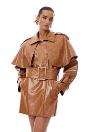 Lisette Caramel Textured Leather Trench Coat - Light brown