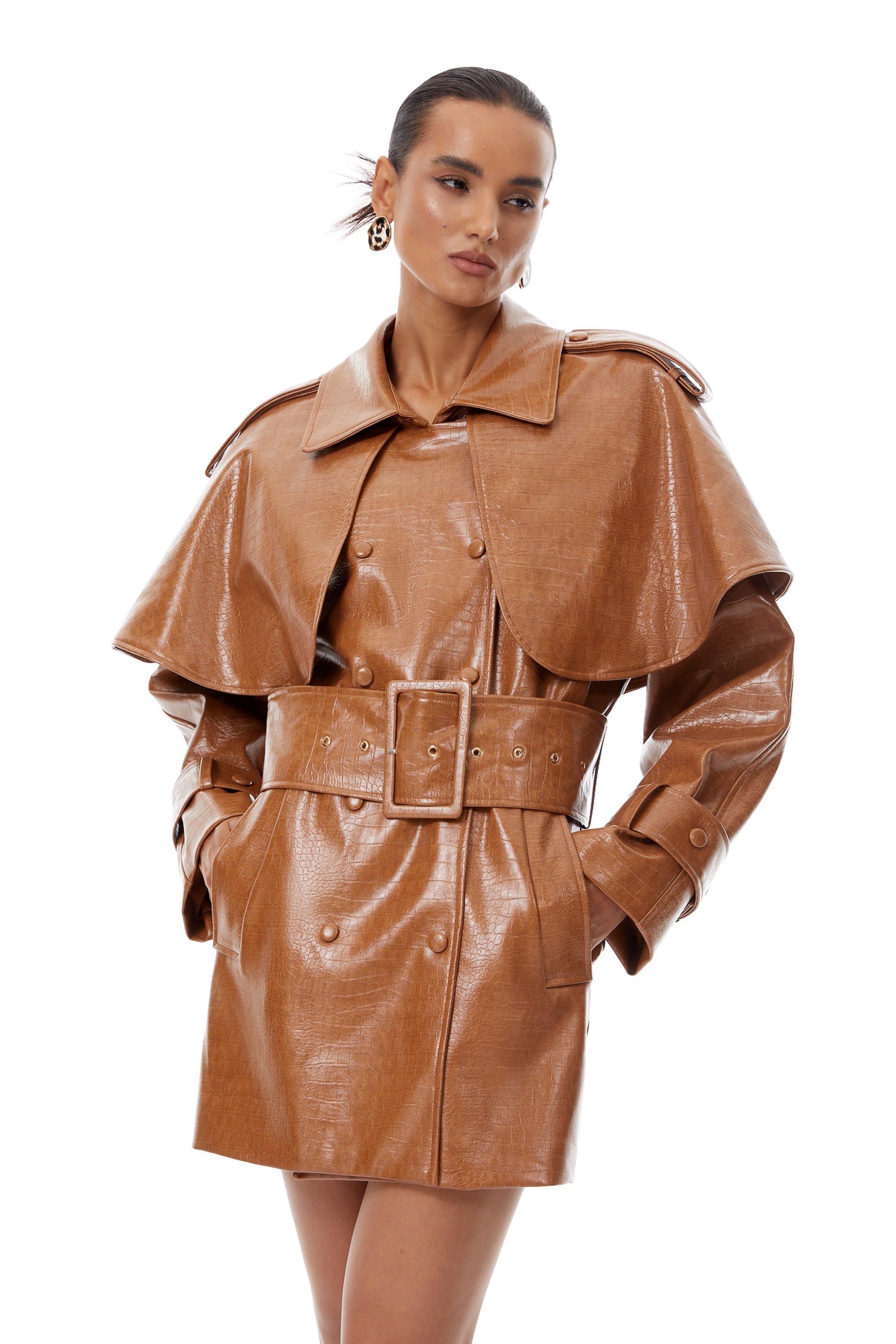 Lisette Caramel Textured Leather Trench Coat - Light brown