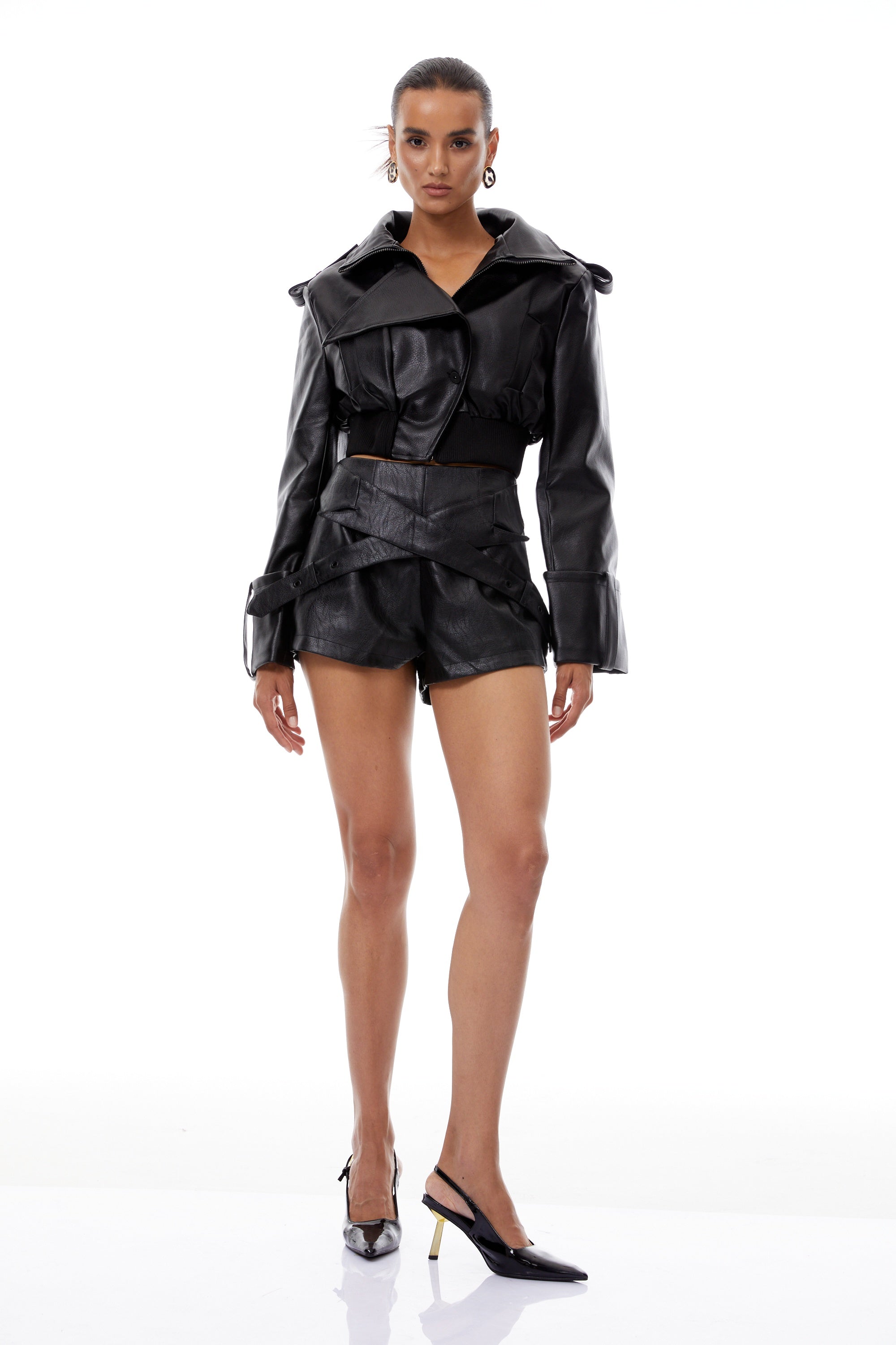 Manon Black Leather Jacket & Shorts Set
