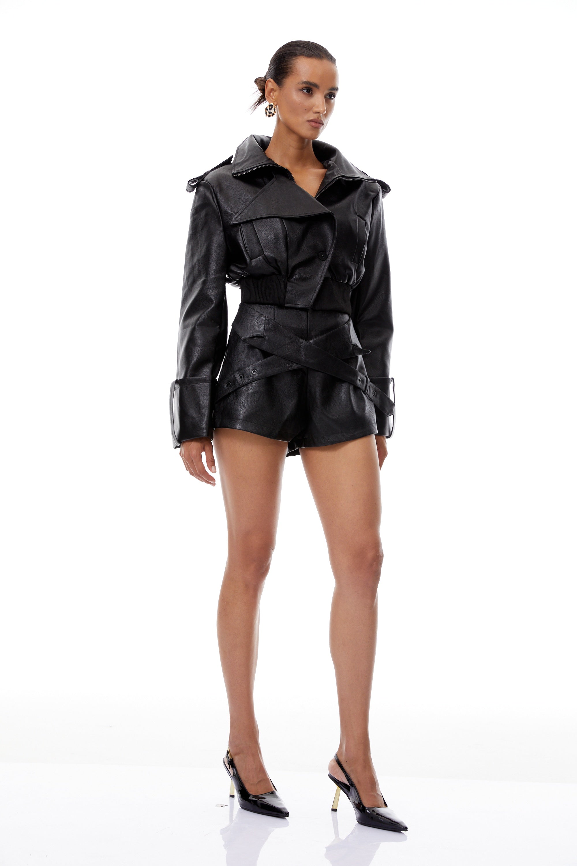 Manon Black Leather Jacket & Shorts Set