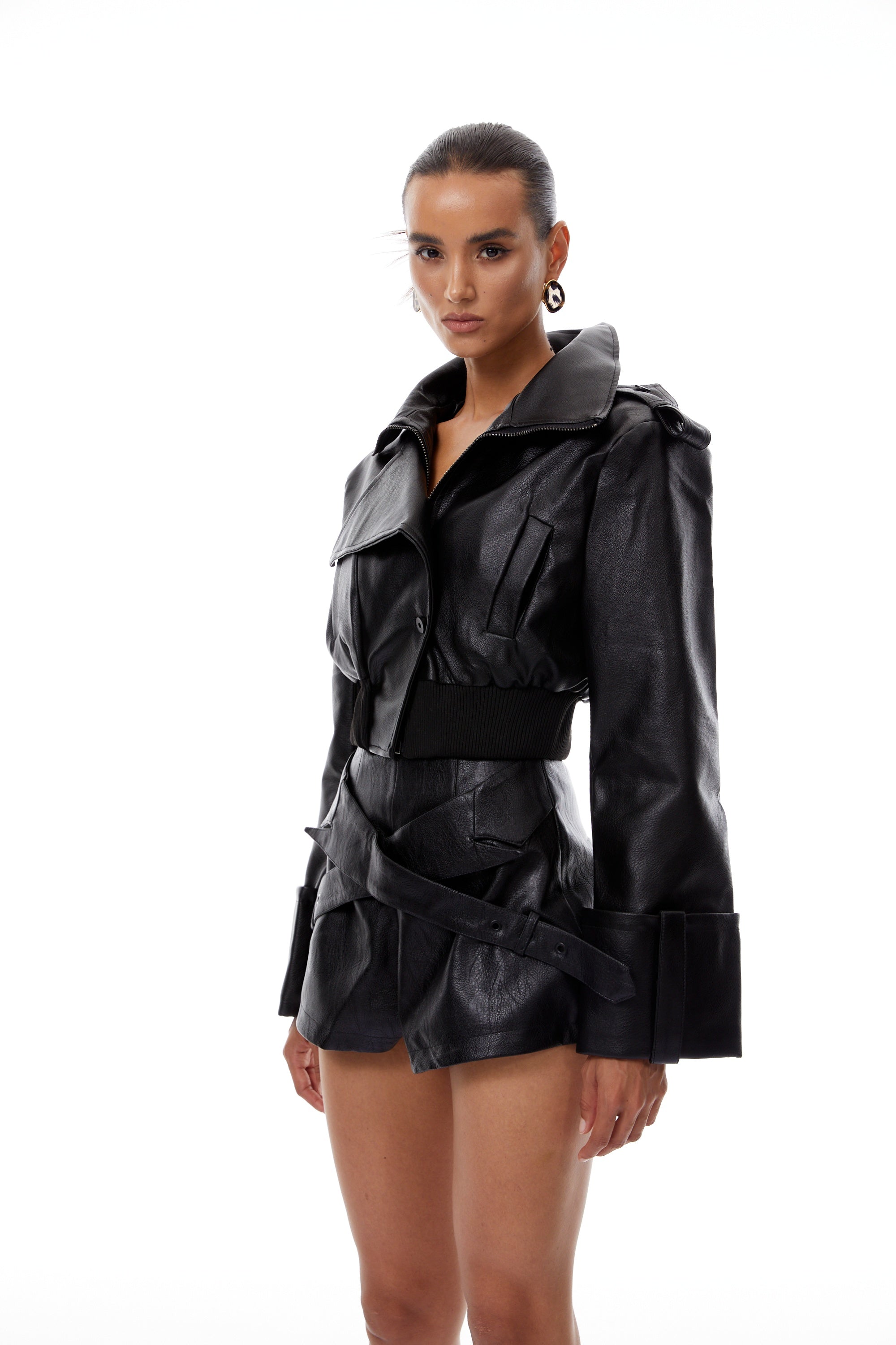 Manon Black Leather Jacket & Shorts Set