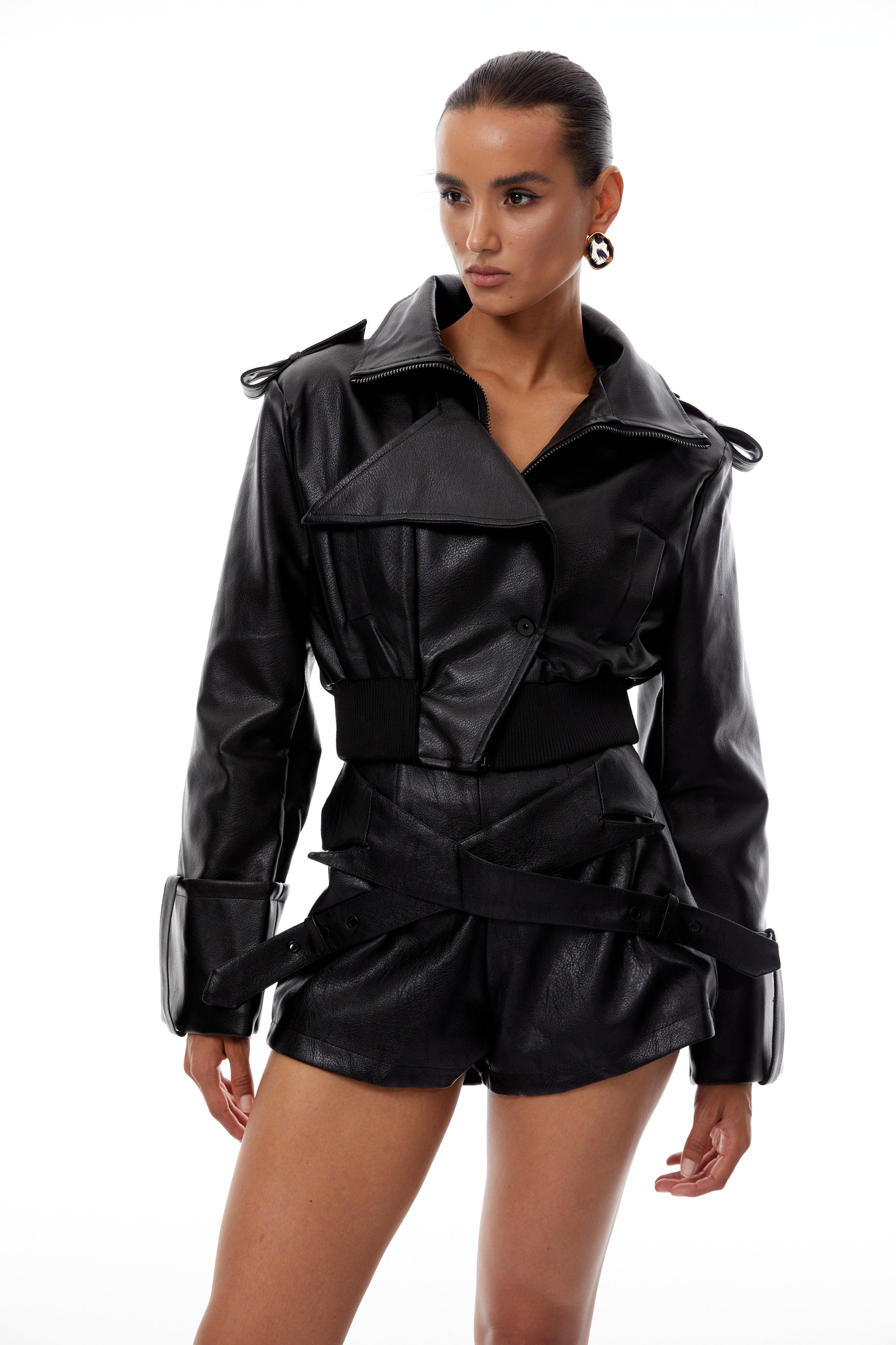 Manon Black Leather Jacket & Shorts Set
