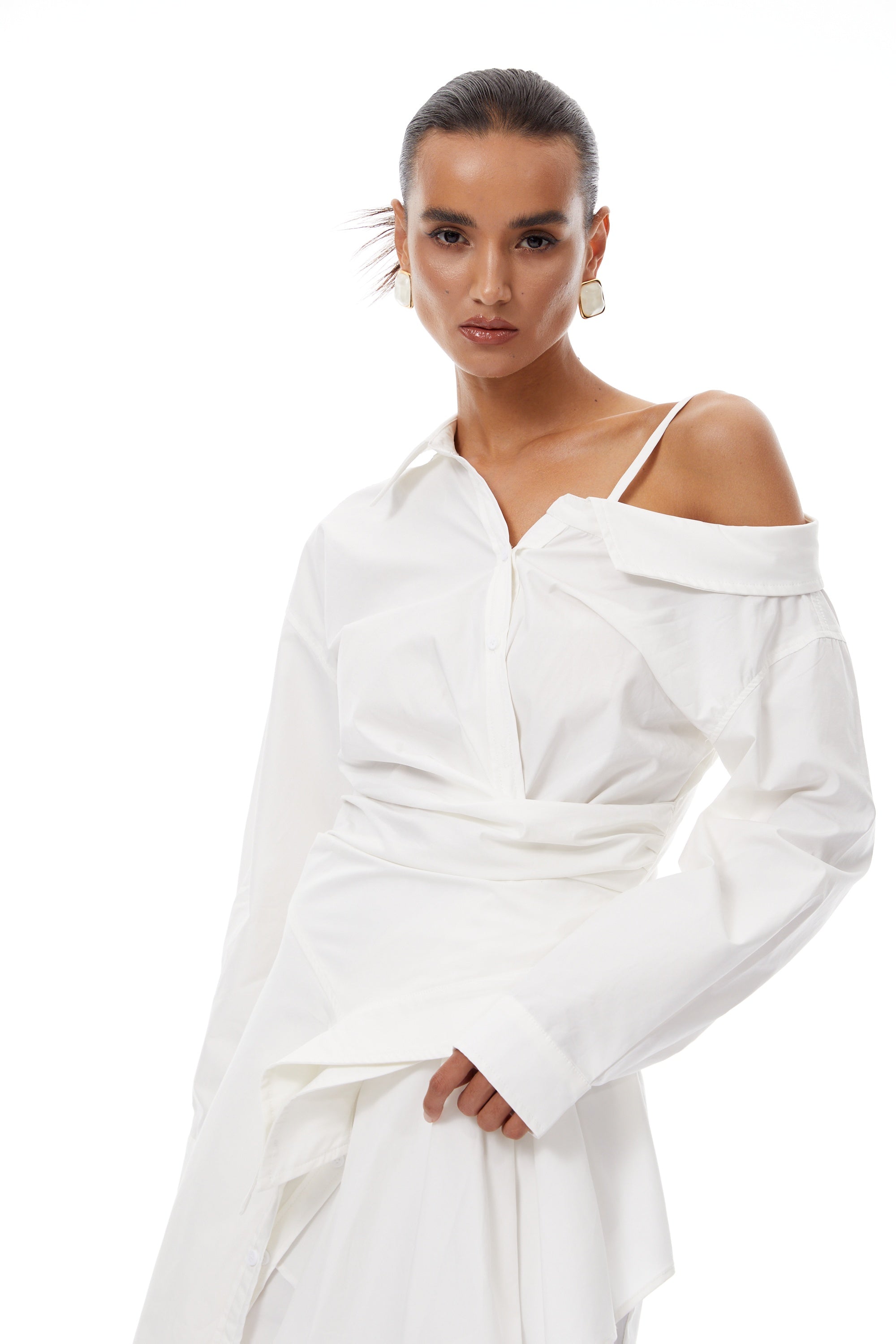 Tímea White Asymmetrical Mini Shirt Dress