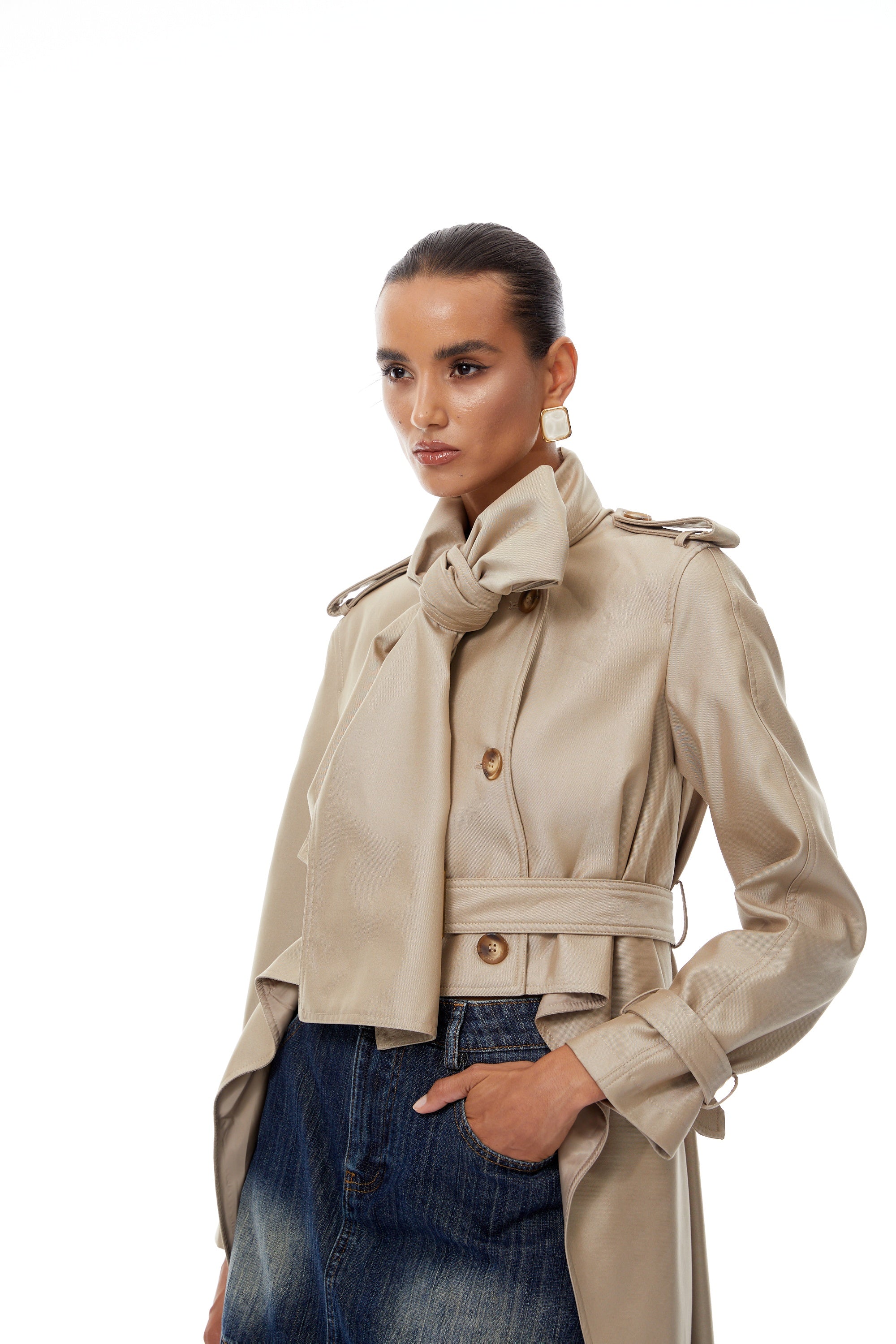 Szabina Khaki Asymmetrical Short Trench Coat (Final Sale)
