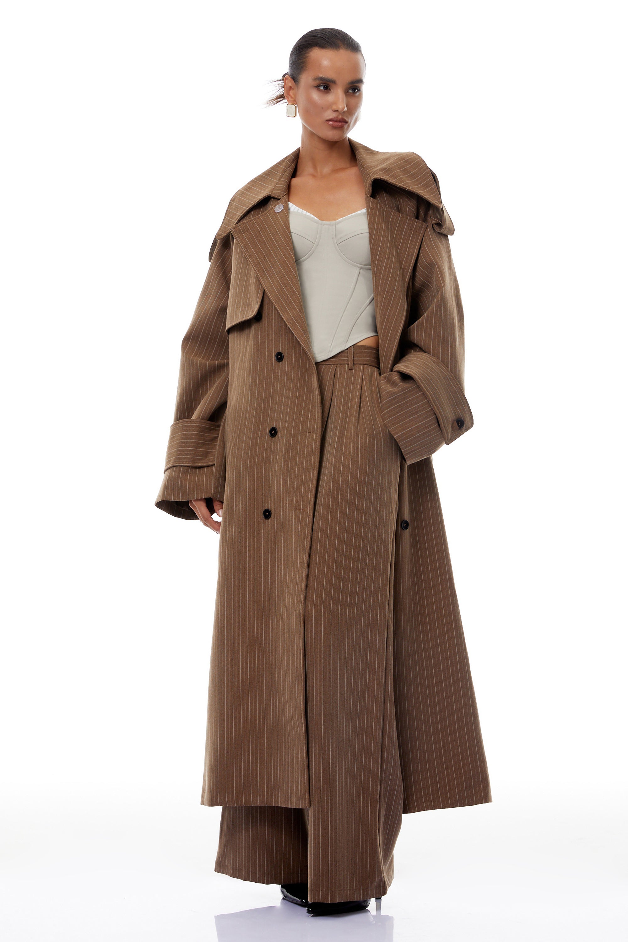 Clémence Brown Striped Trench Coat & Trousers Set (Final Sale-US Only)