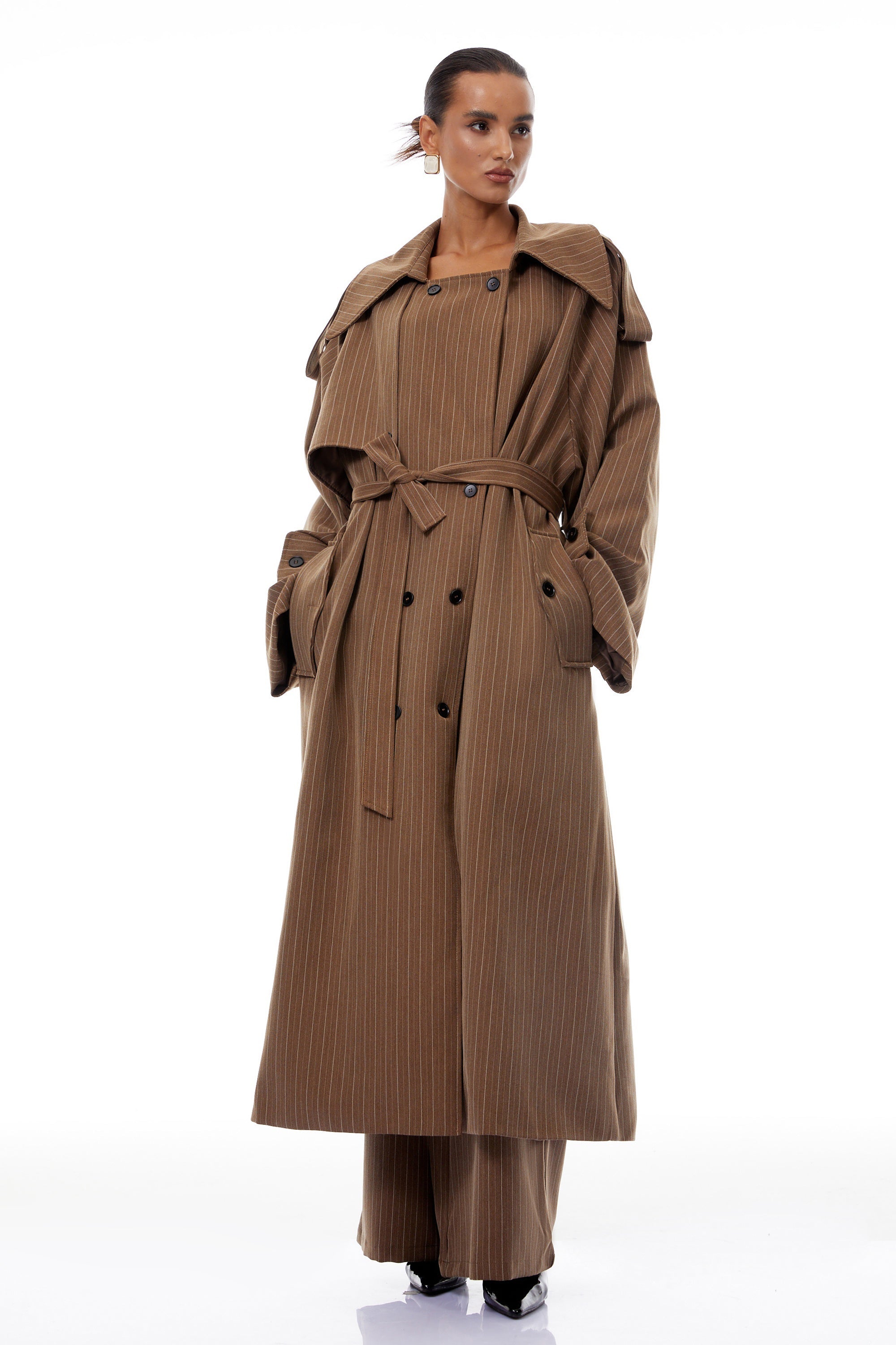 Clémence Brown Striped Trench Coat & Trousers Set (Final Sale-US Only)