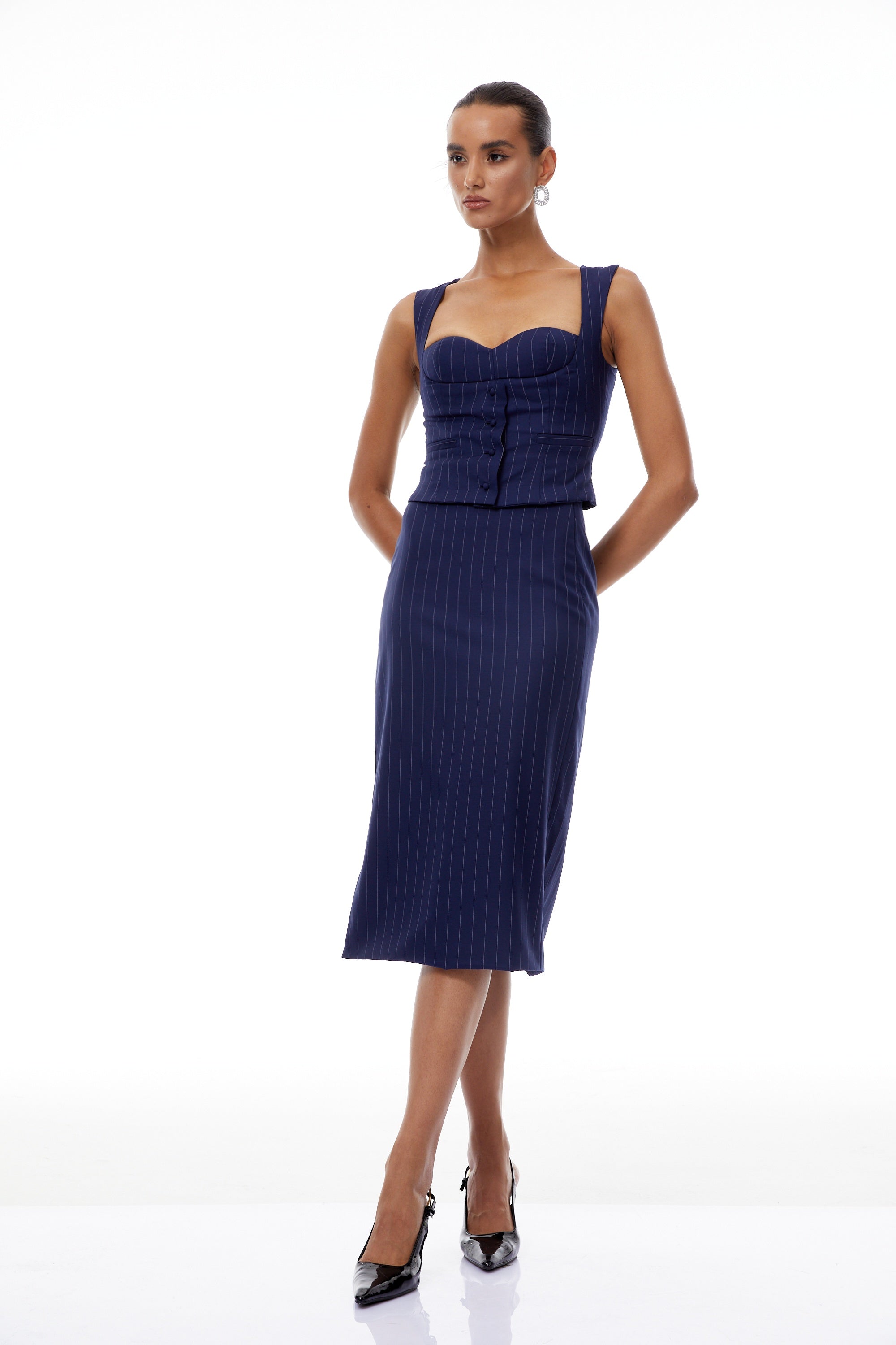 Aurianne Navy Blue Pinstriped Top & Skirt Set