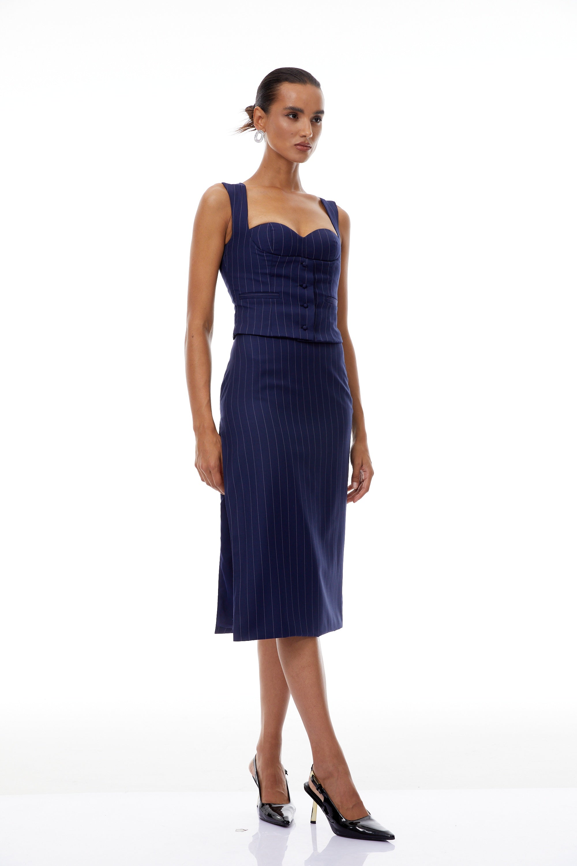 Aurianne Navy Blue Pinstriped Top & Skirt Set