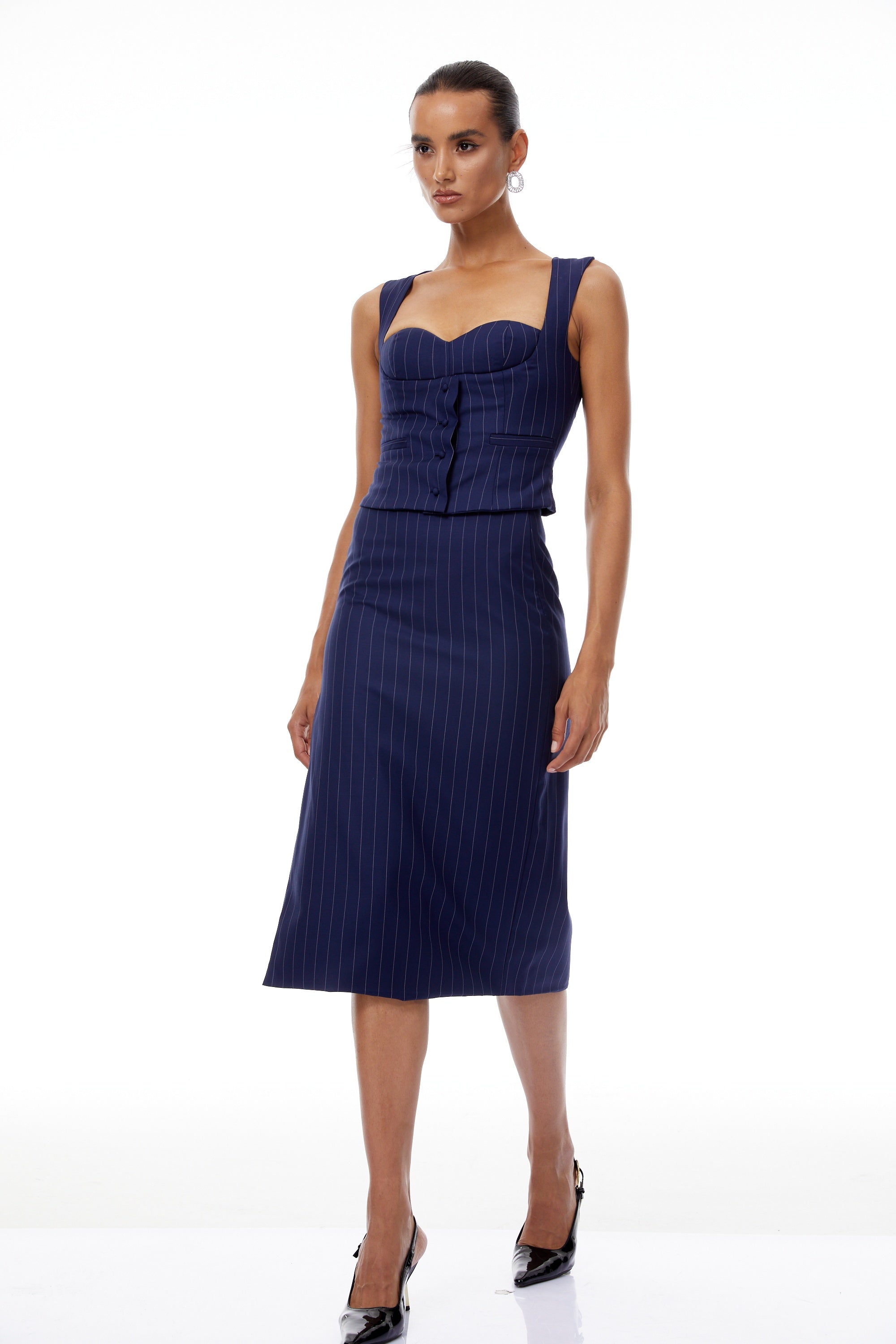 Aurianne Navy Blue Pinstriped Top & Skirt Set