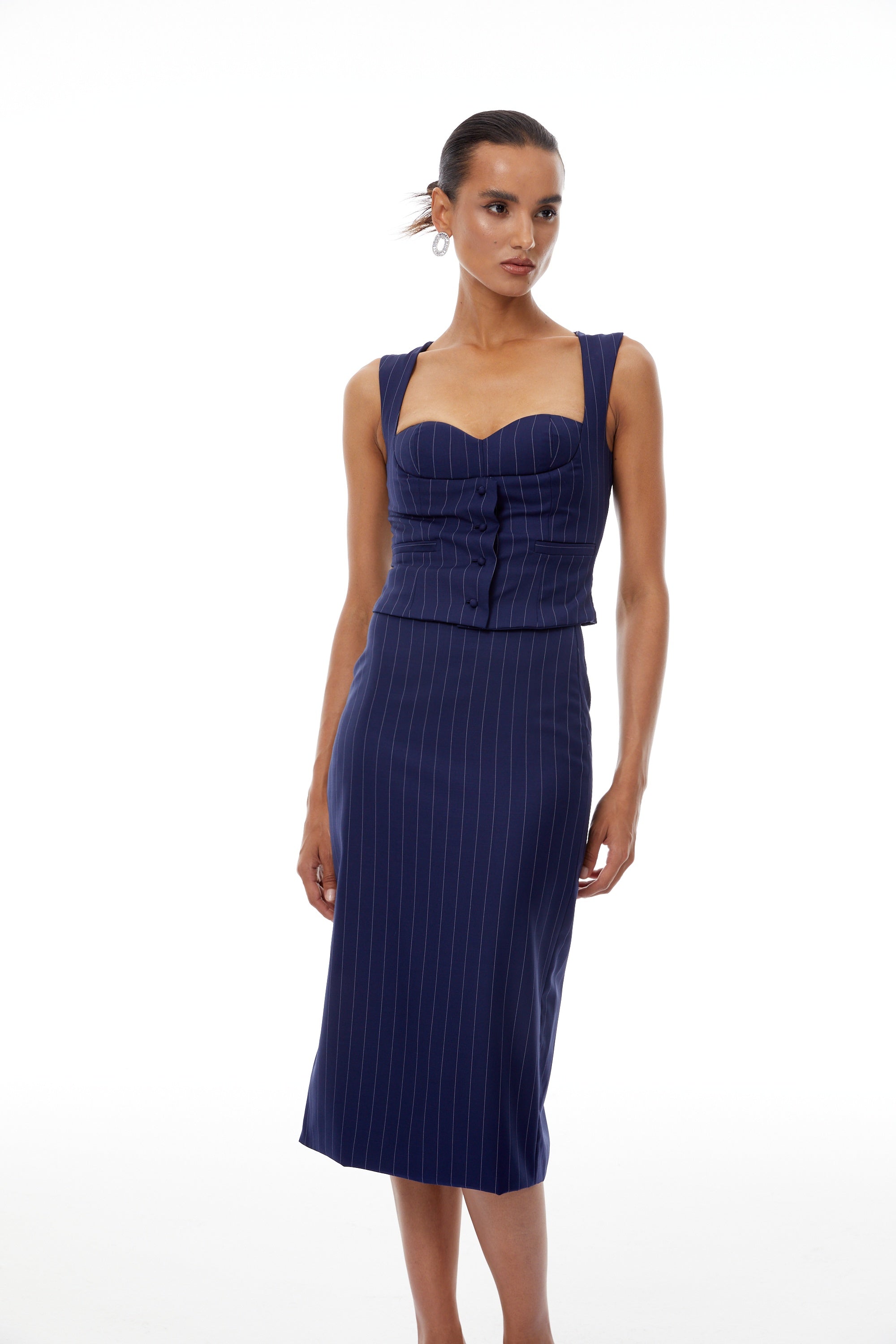 Aurianne Navy Blue Pinstriped Top & Skirt Set