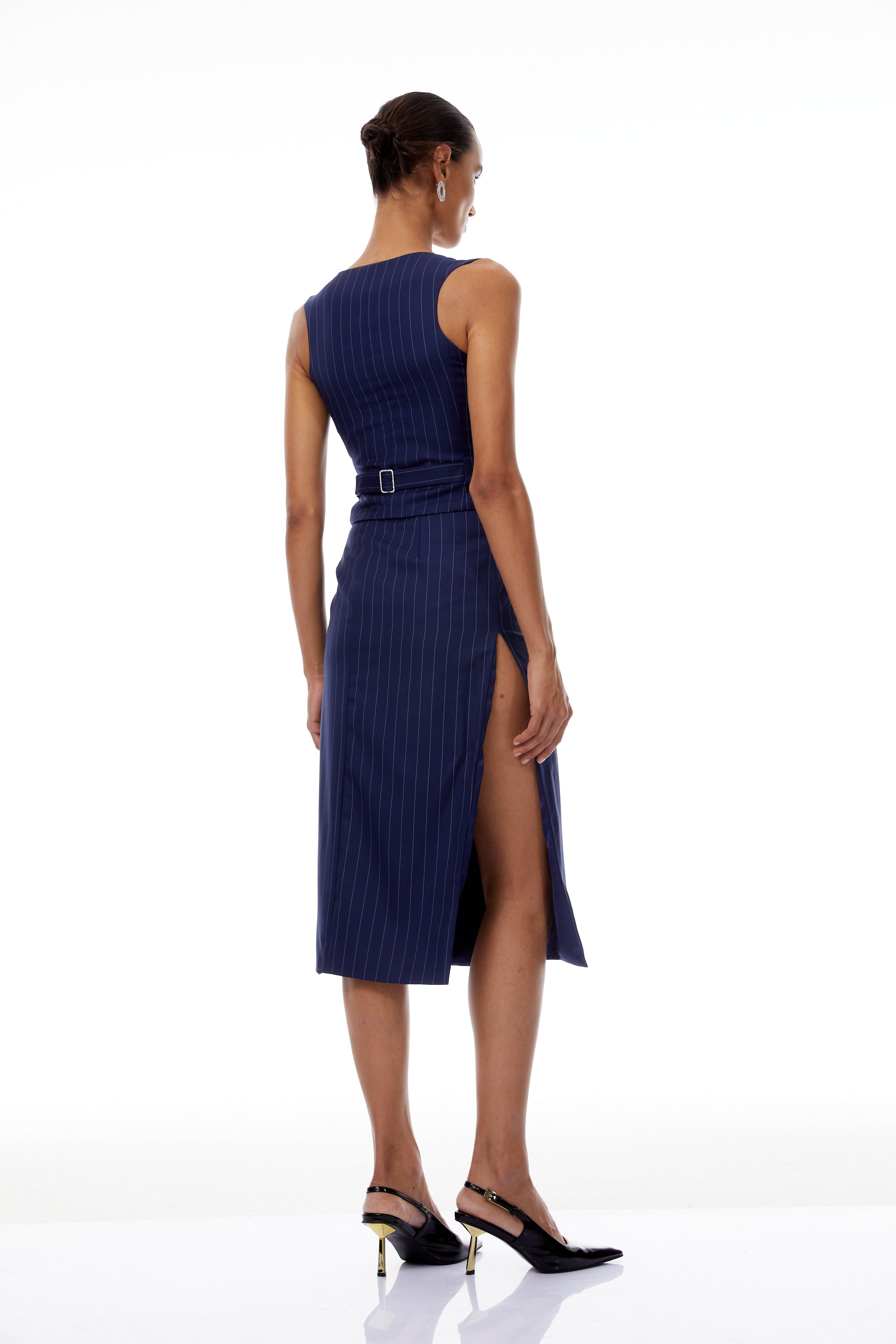 Aurianne Navy Blue Pinstriped Top & Skirt Set