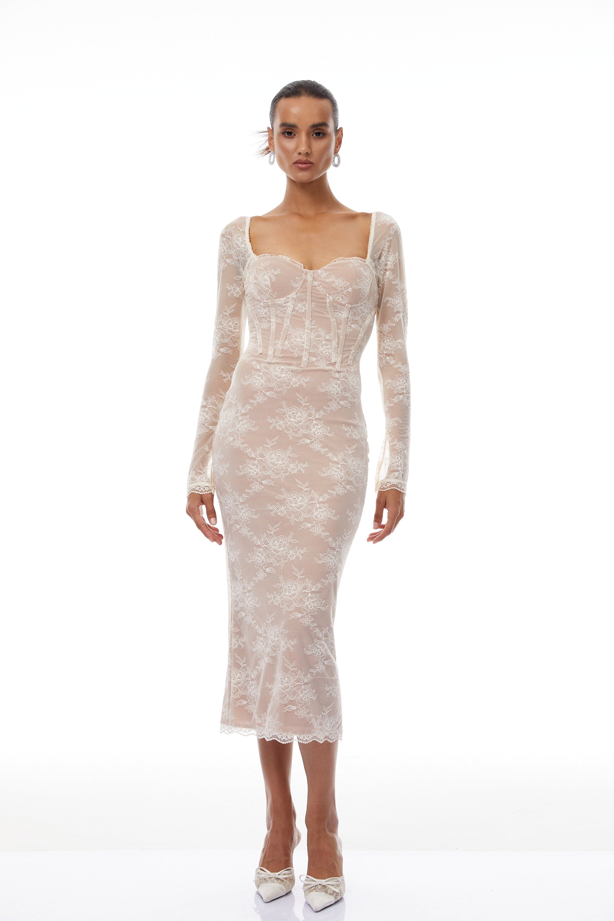 Nóra Neutral Floral Lace Corset Midi Dress