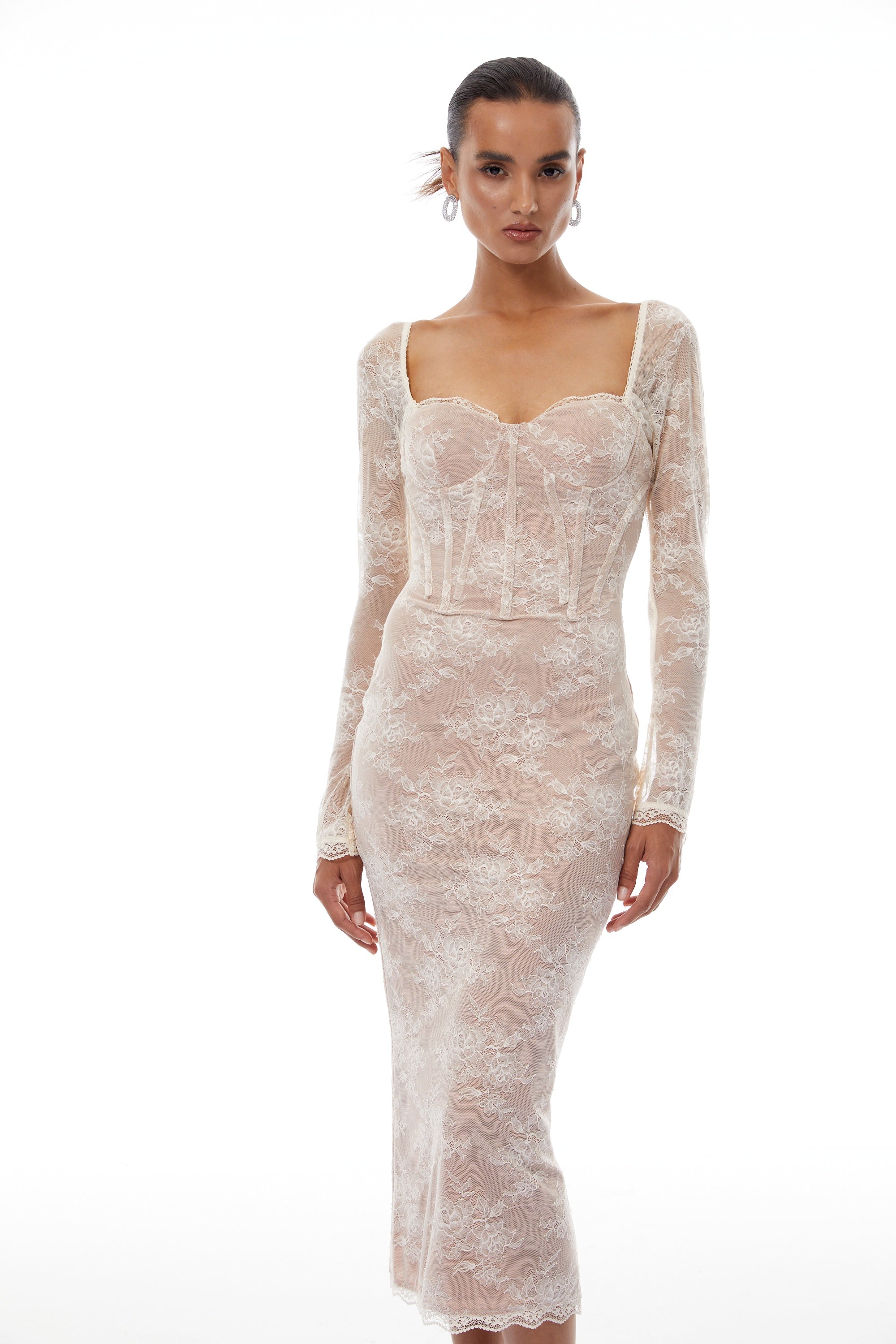 Nóra Neutral Floral Lace Corset Midi Dress