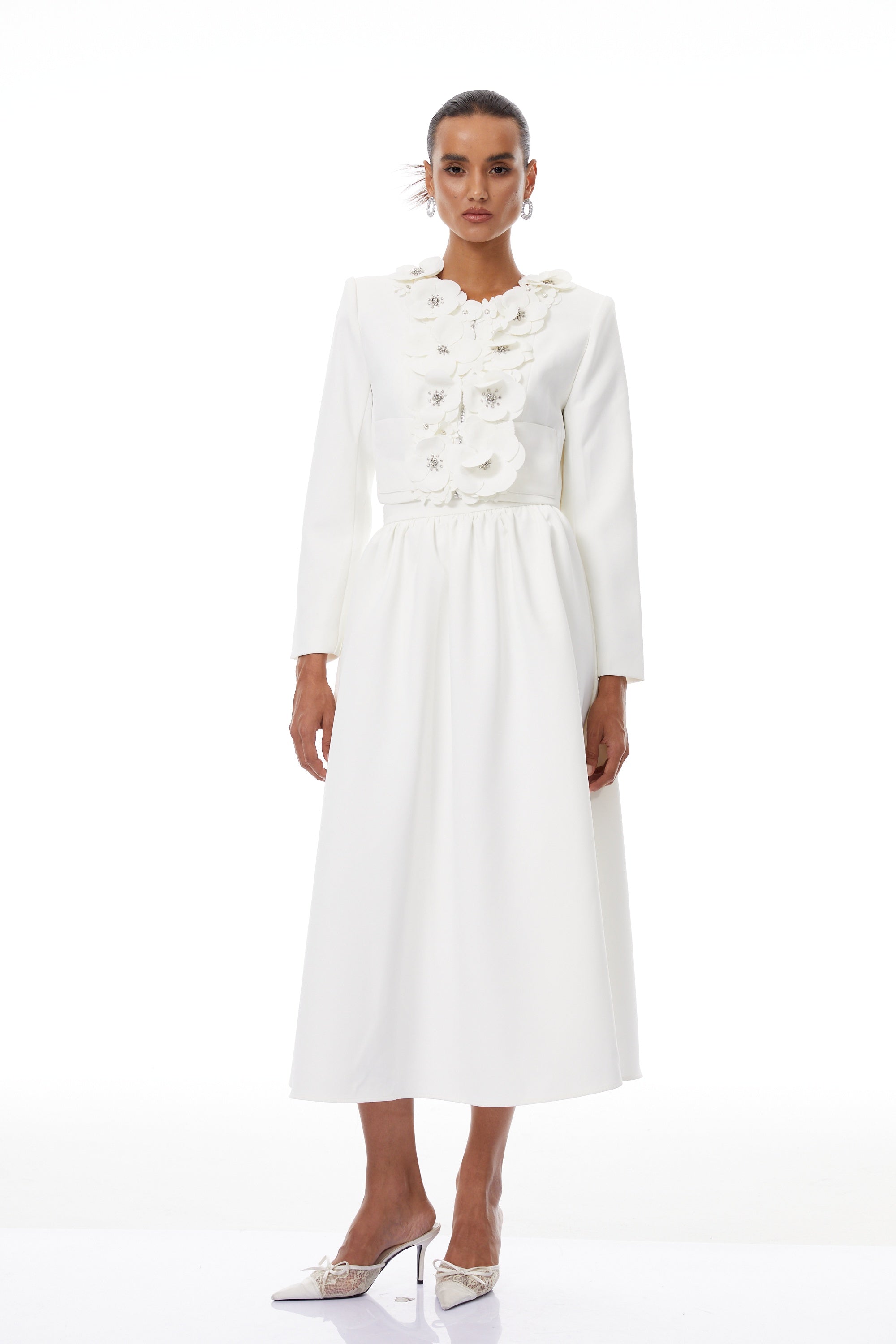 Élodie White Floral Appliqué Jacket & Skirt Set - white set