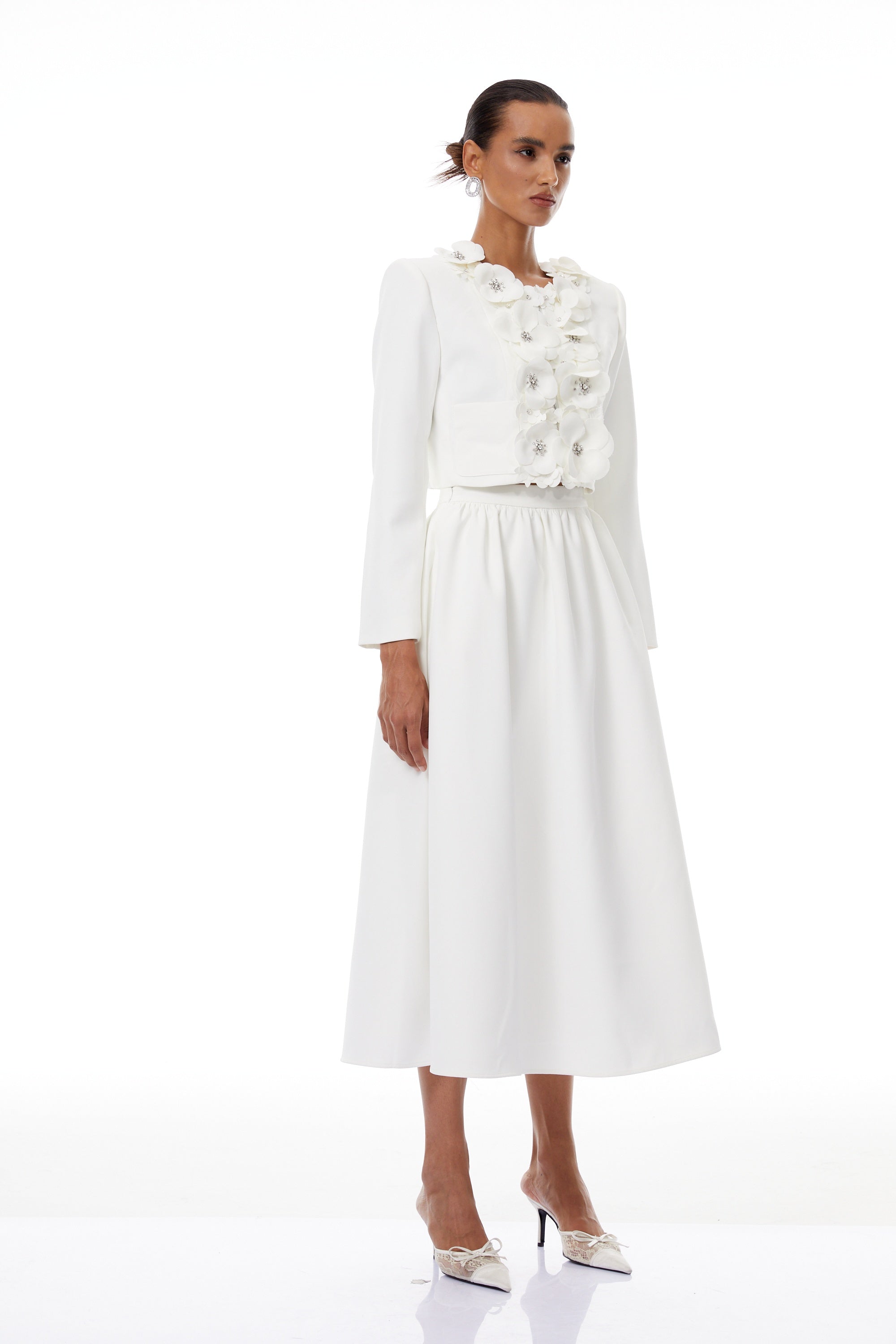 Élodie White Floral Appliqué Jacket & Skirt Set - white set