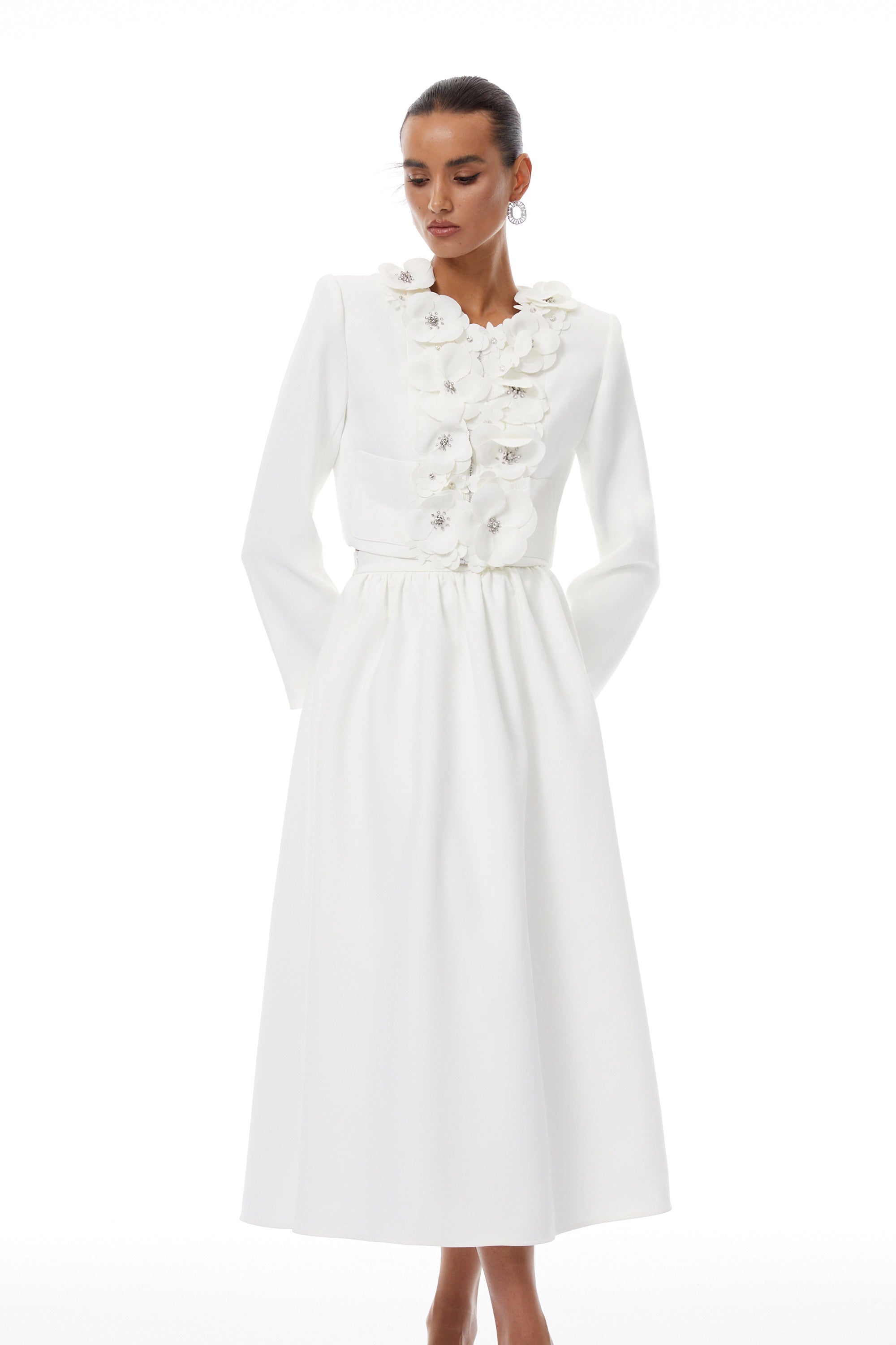 Élodie White Floral Appliqué Jacket & Skirt Set - White