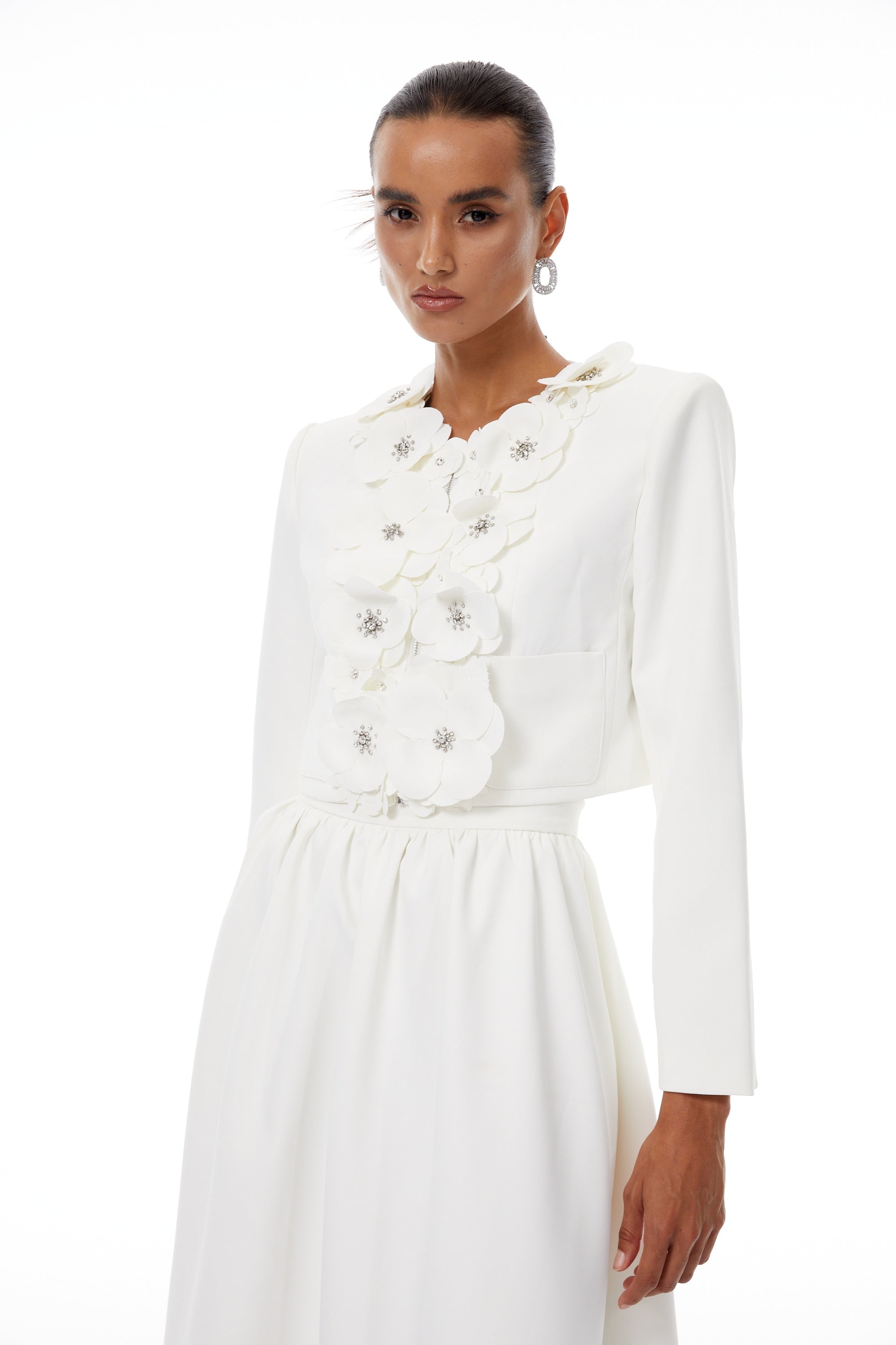 Élodie White Floral Appliqué Jacket & Skirt Set - white set
