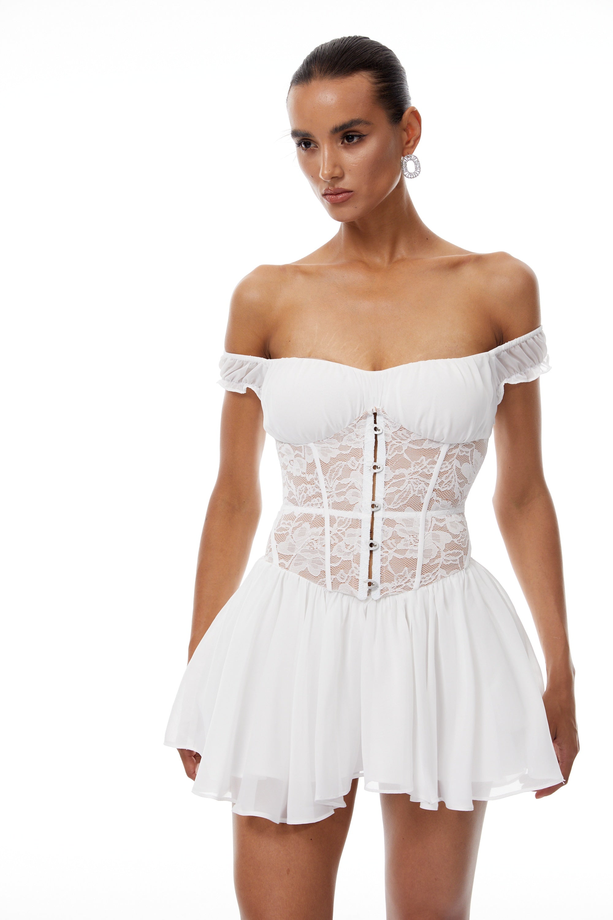 Márta White Lace Panel Chiffon Mini Dress (Final Sale)