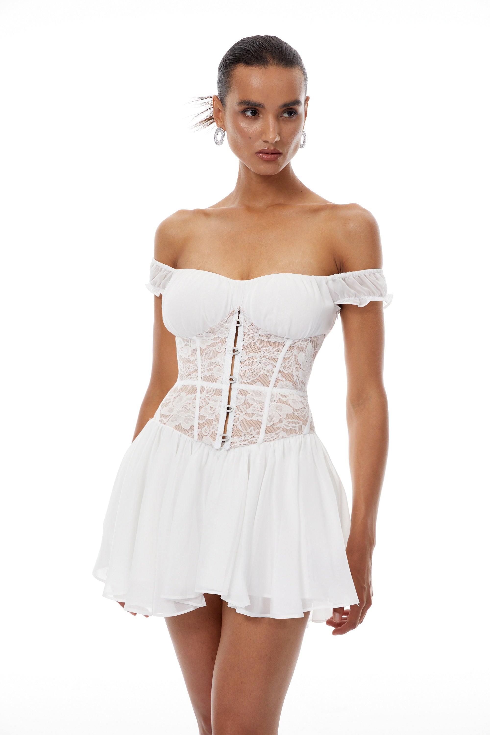 Márta White Lace Panel Chiffon Mini Dress (Final Sale)