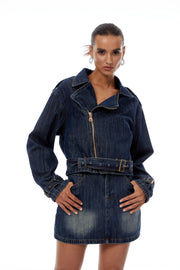 Solène Blue Denim Biker Jacket & Skirt Set - Blue