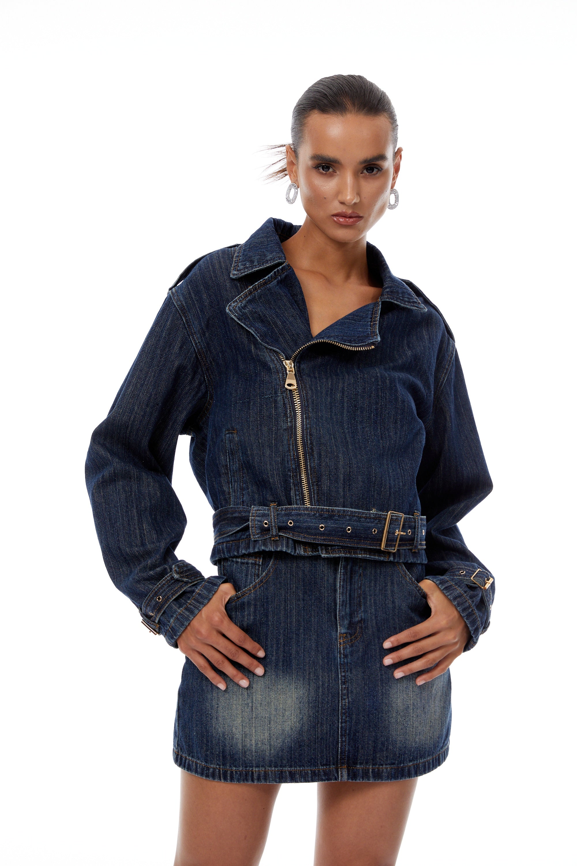 Solène Blue Denim Biker Jacket & Skirt Set - Blue