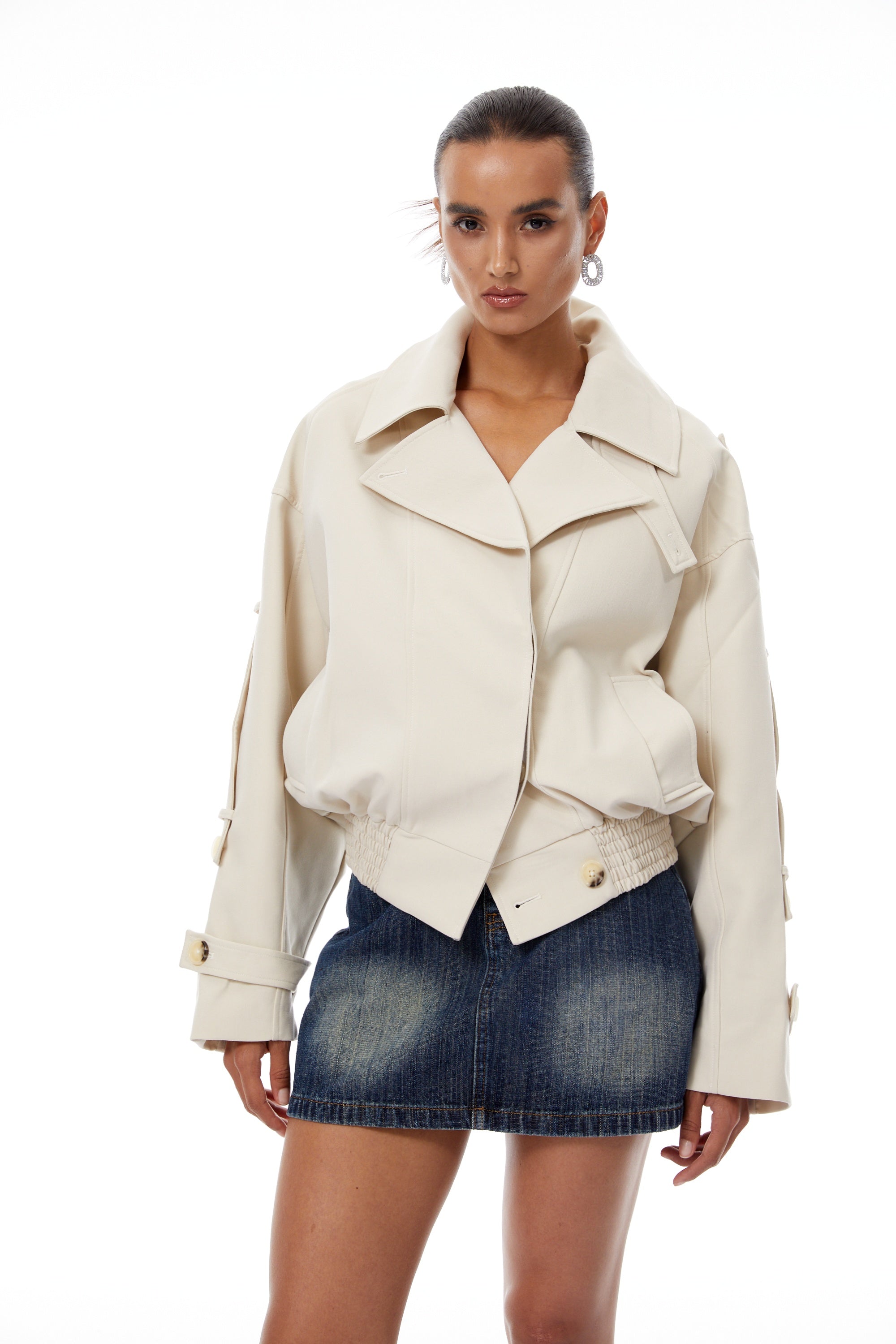 Panna Neutral Smocked Hem Biker Jacket (Final Sale-US Only)