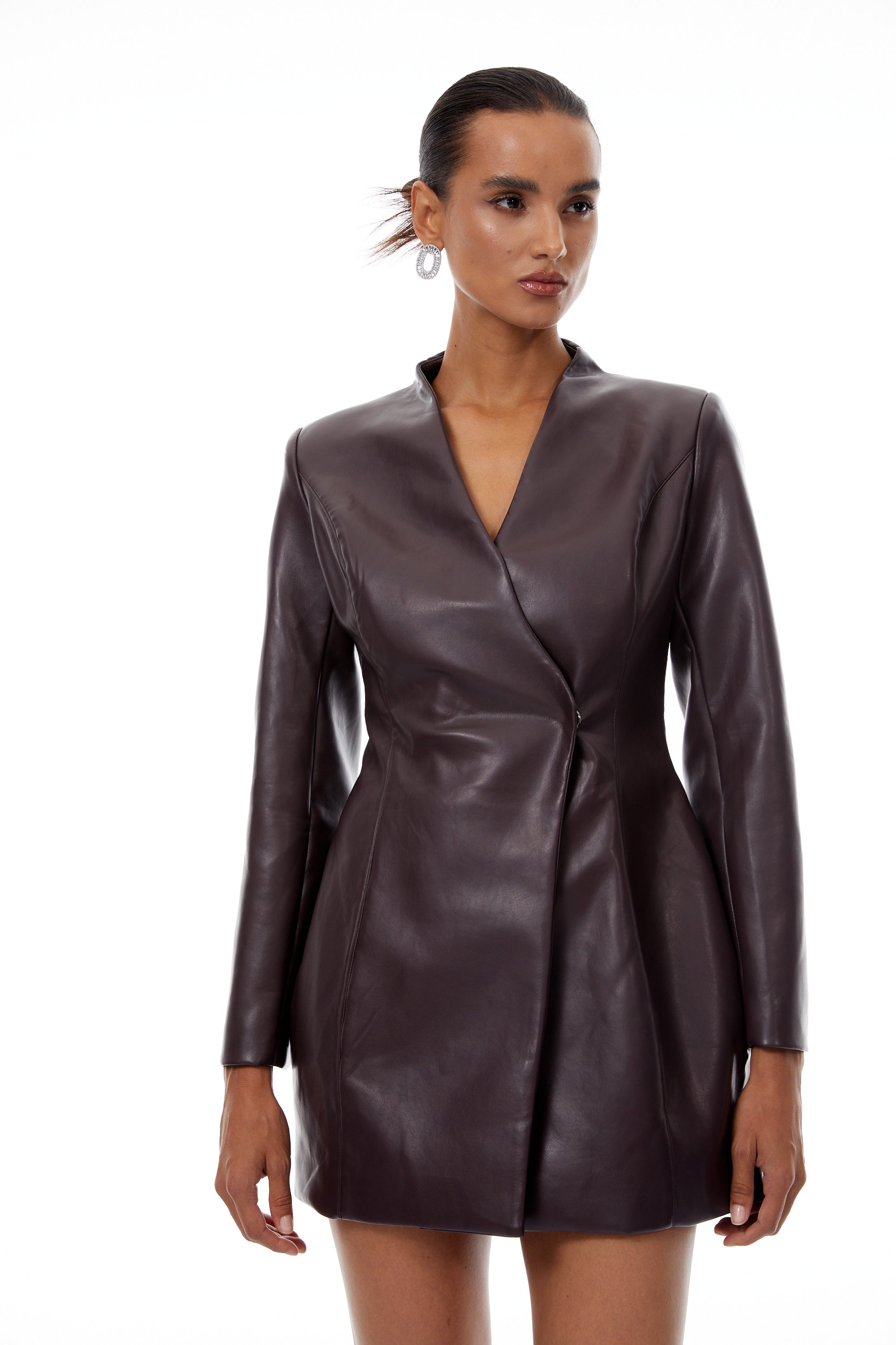 Solange Brown Leather Mini Blazer Dress