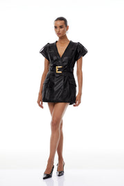 Amarante Black Double-Breasted Leather Mini Dress - black