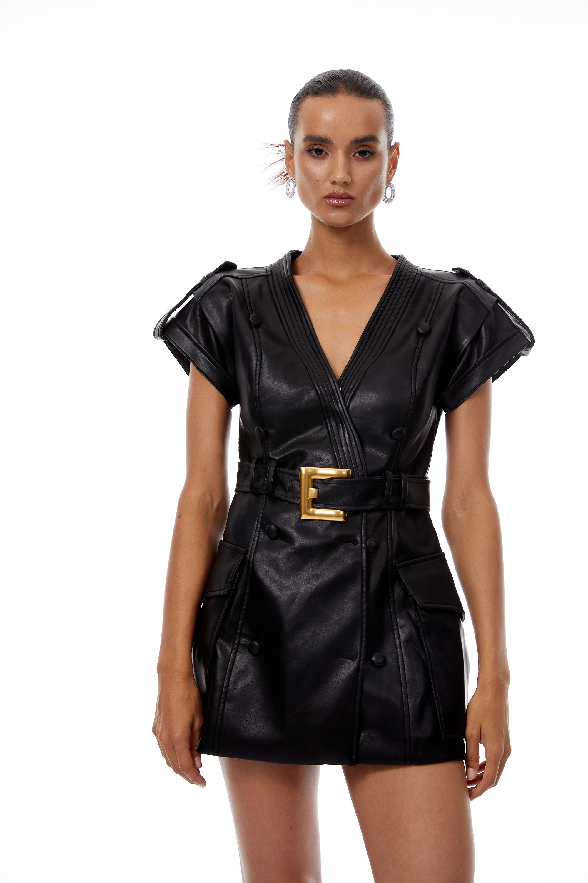Amarante Black Double-Breasted Leather Mini Dress - black