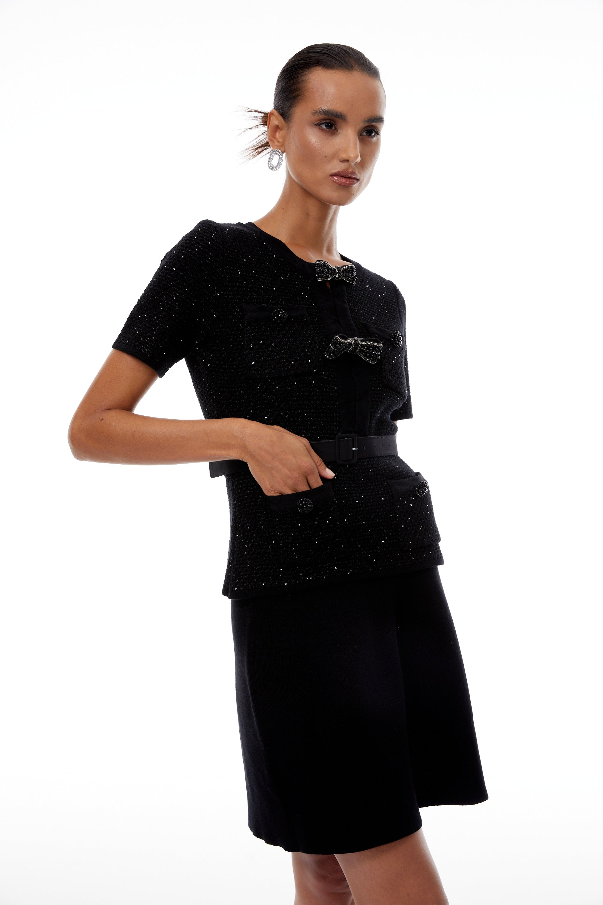 Hélène Black Sequined Knit Top & Skirt Set