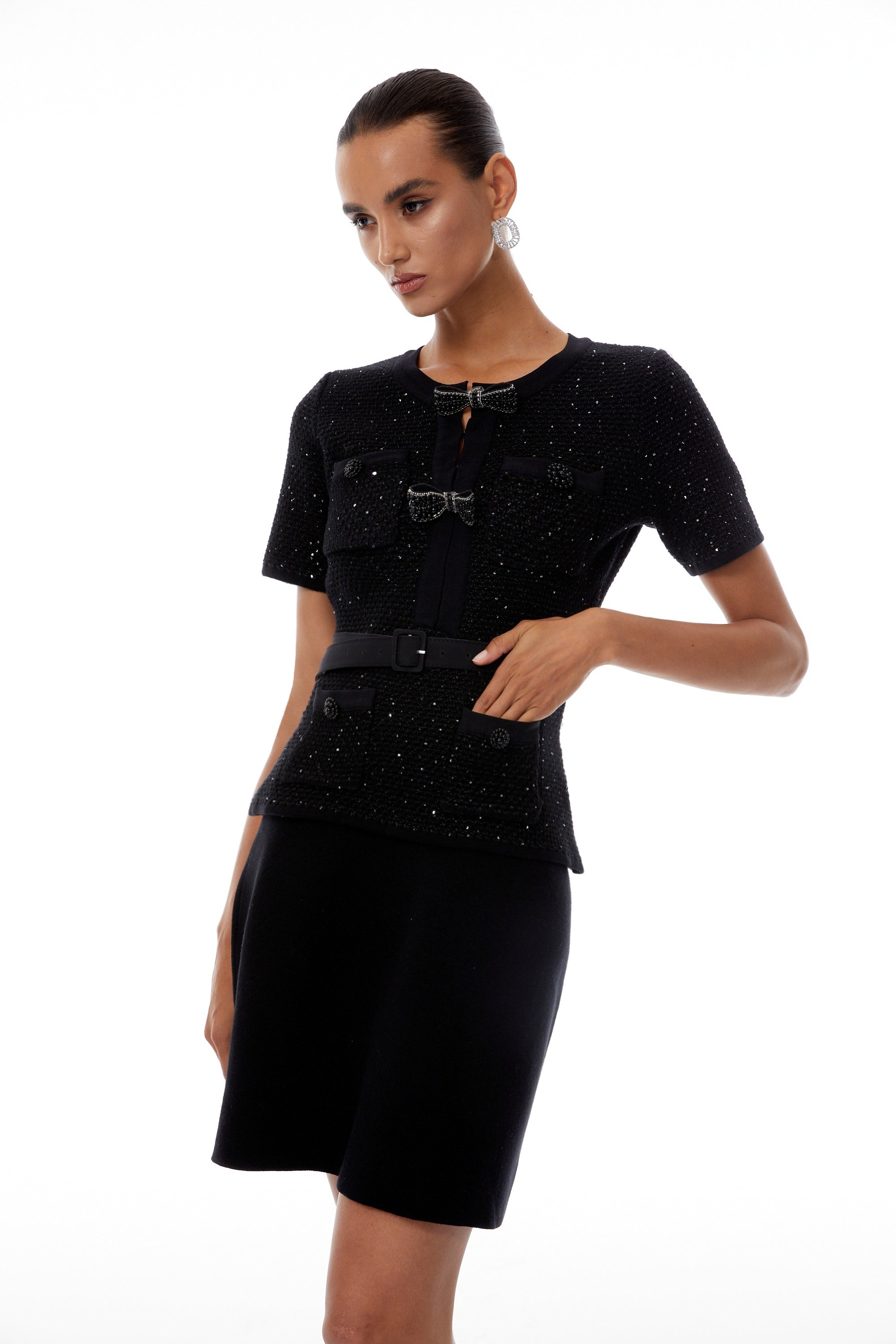 Hélène Black Sequined Knit Top & Skirt Set (Final Sale)