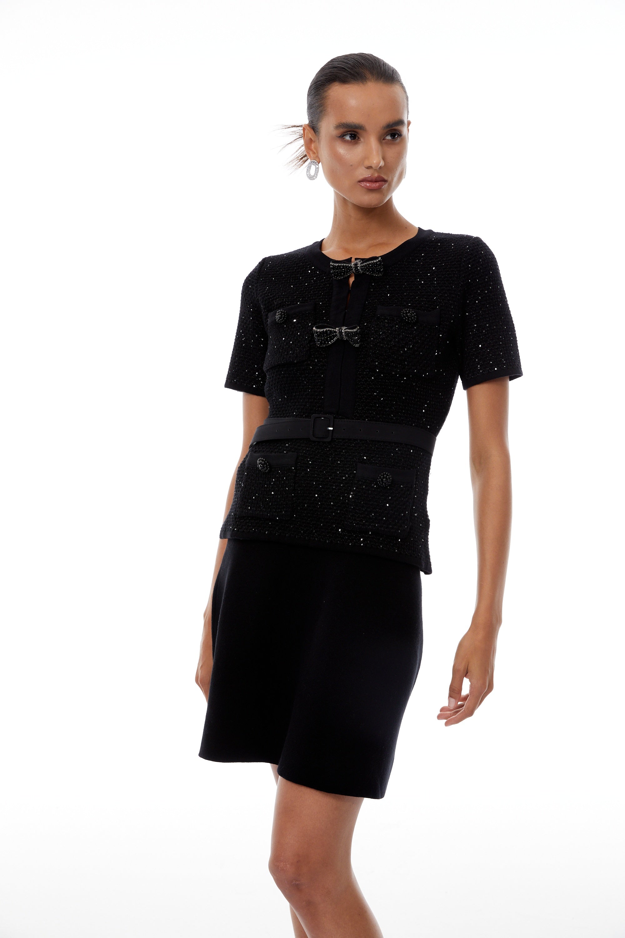 Hélène Black Sequined Knit Top & Skirt Set