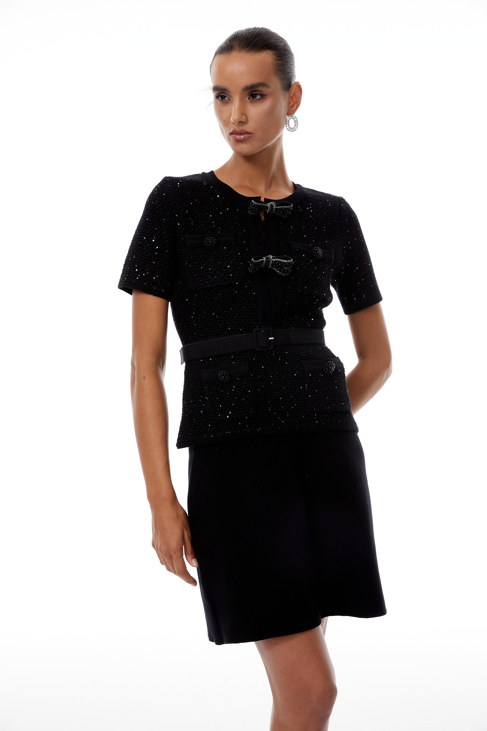 Hélène Black Sequined Knit Top & Skirt Set