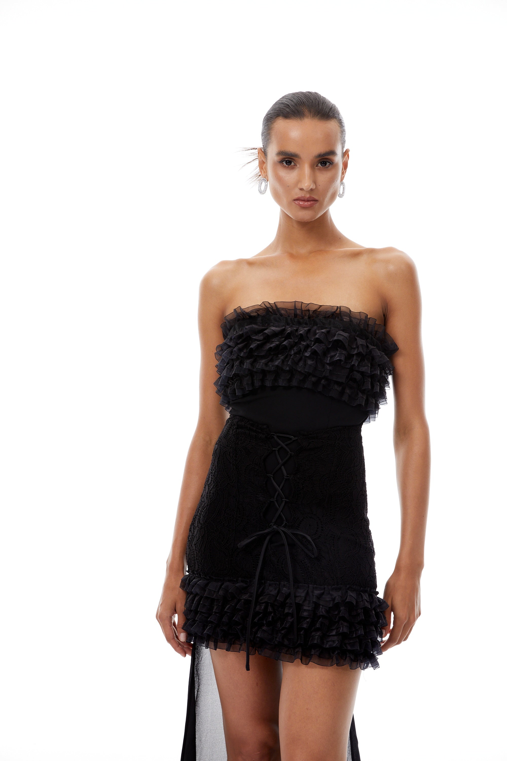 Briseis Black Train Ruffled Mini Dress