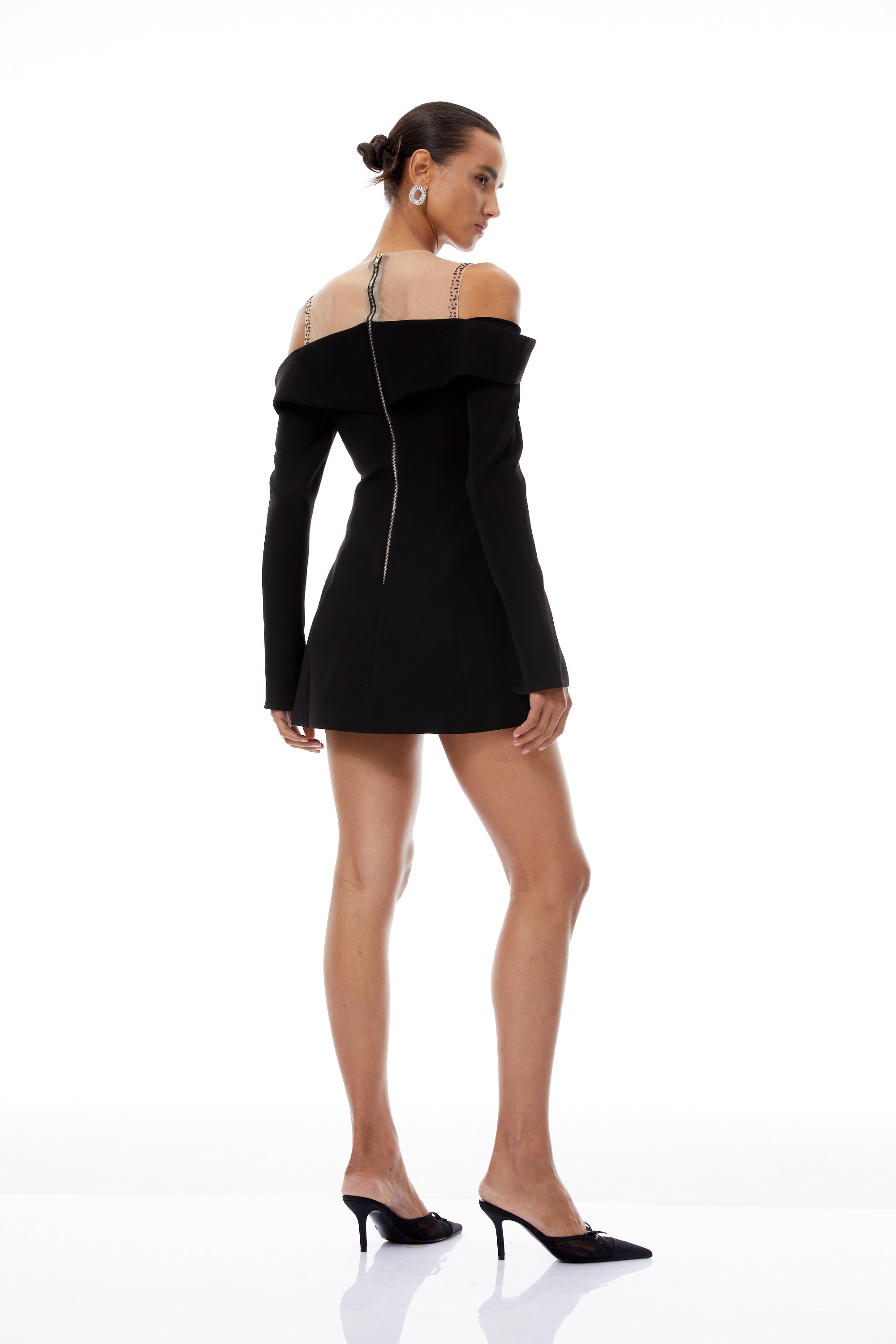 Abrielle Black Cold Shoulder A-line Mini Dress