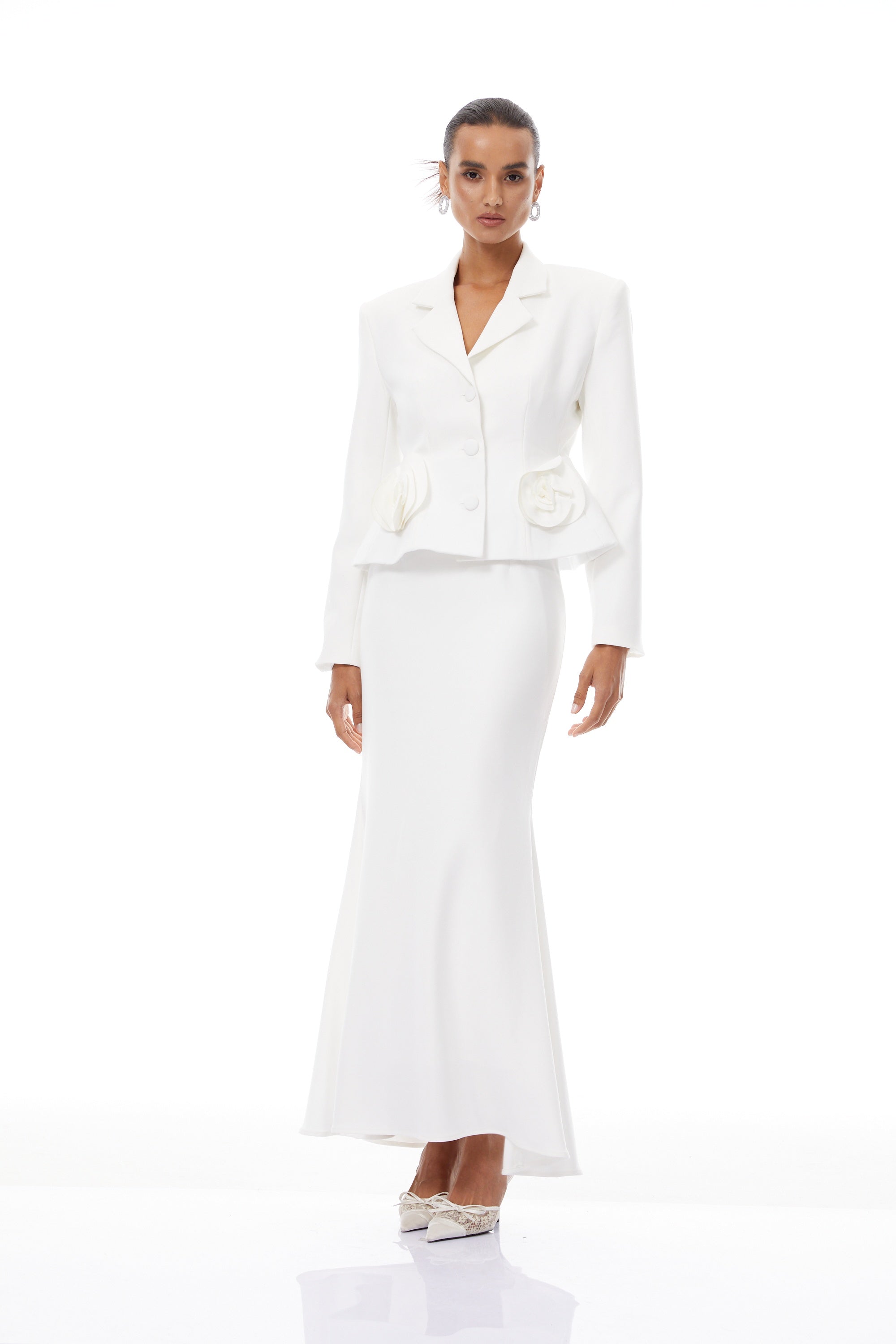 Odette White 3D Petal Blazer & Skirt Set