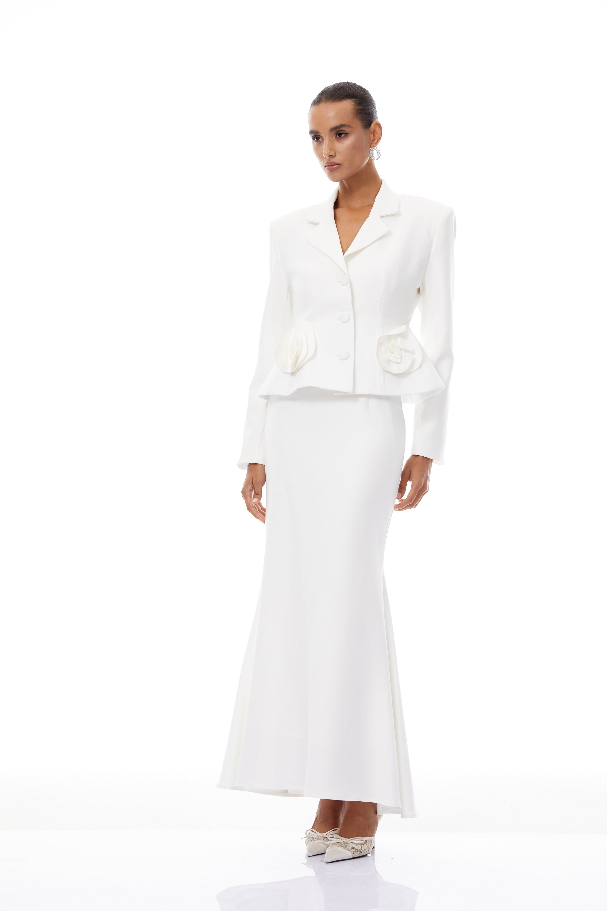 Odette White 3D Petal Blazer & Skirt Set