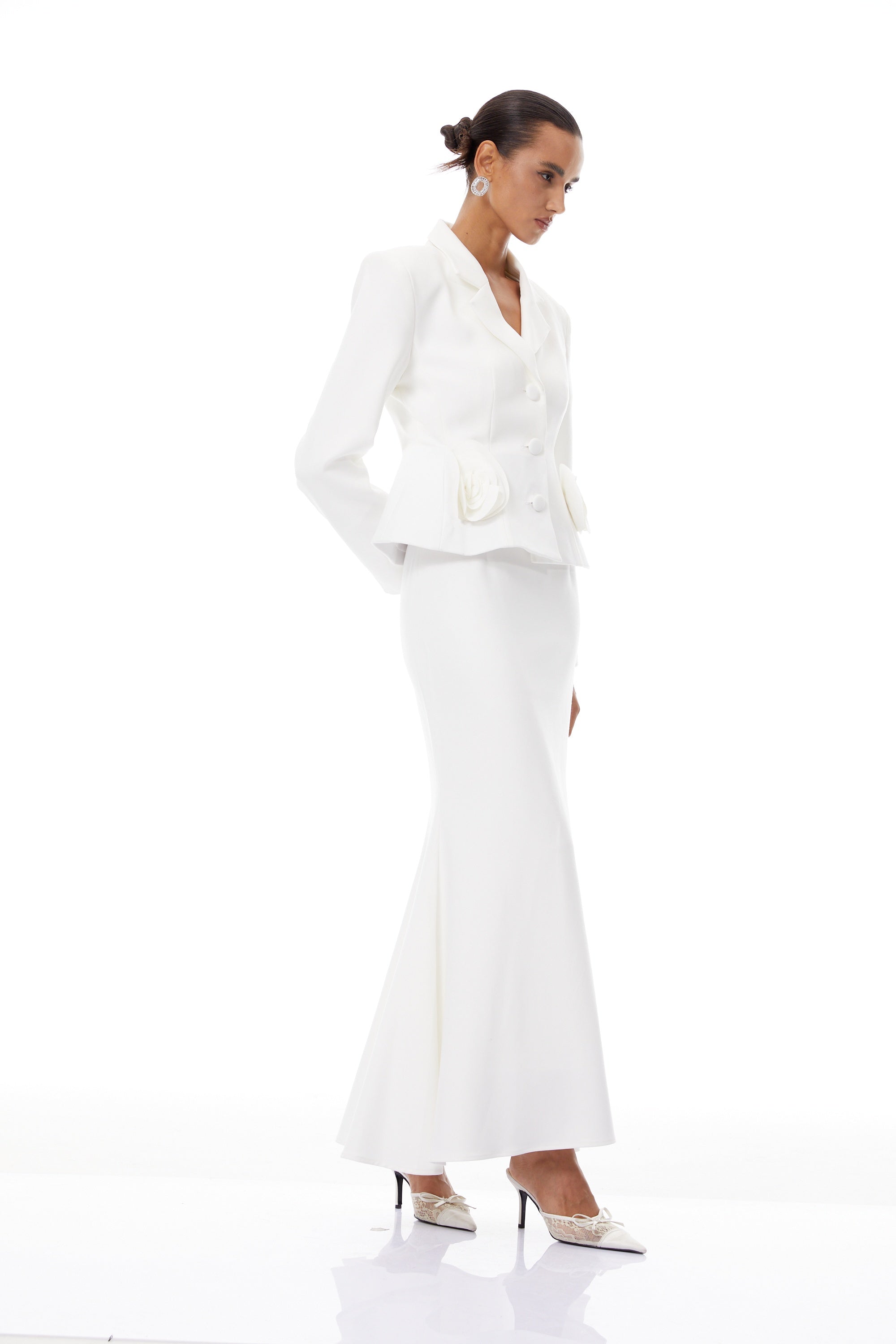 Odette White 3D Petal Blazer & Skirt Set