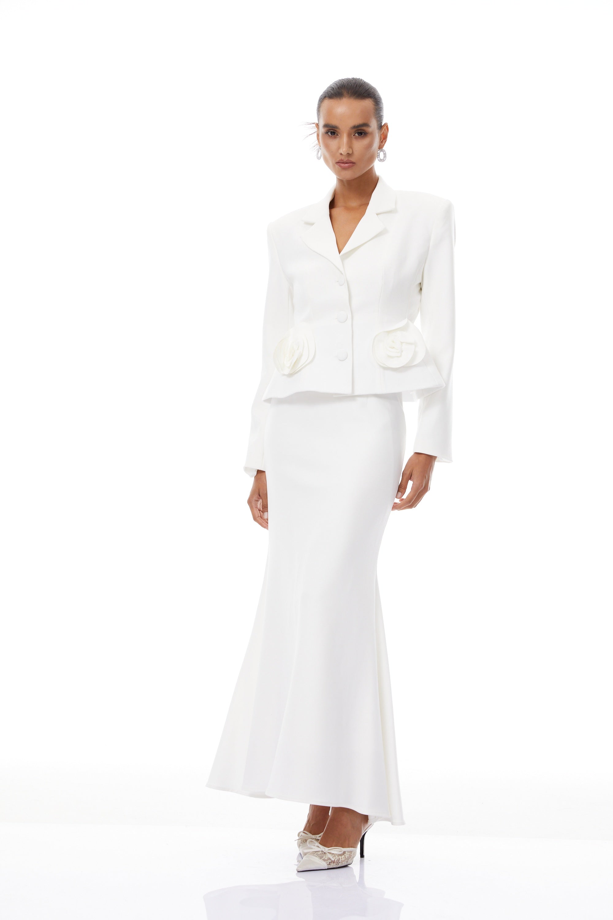 Odette White 3D Petal Blazer & Skirt Set