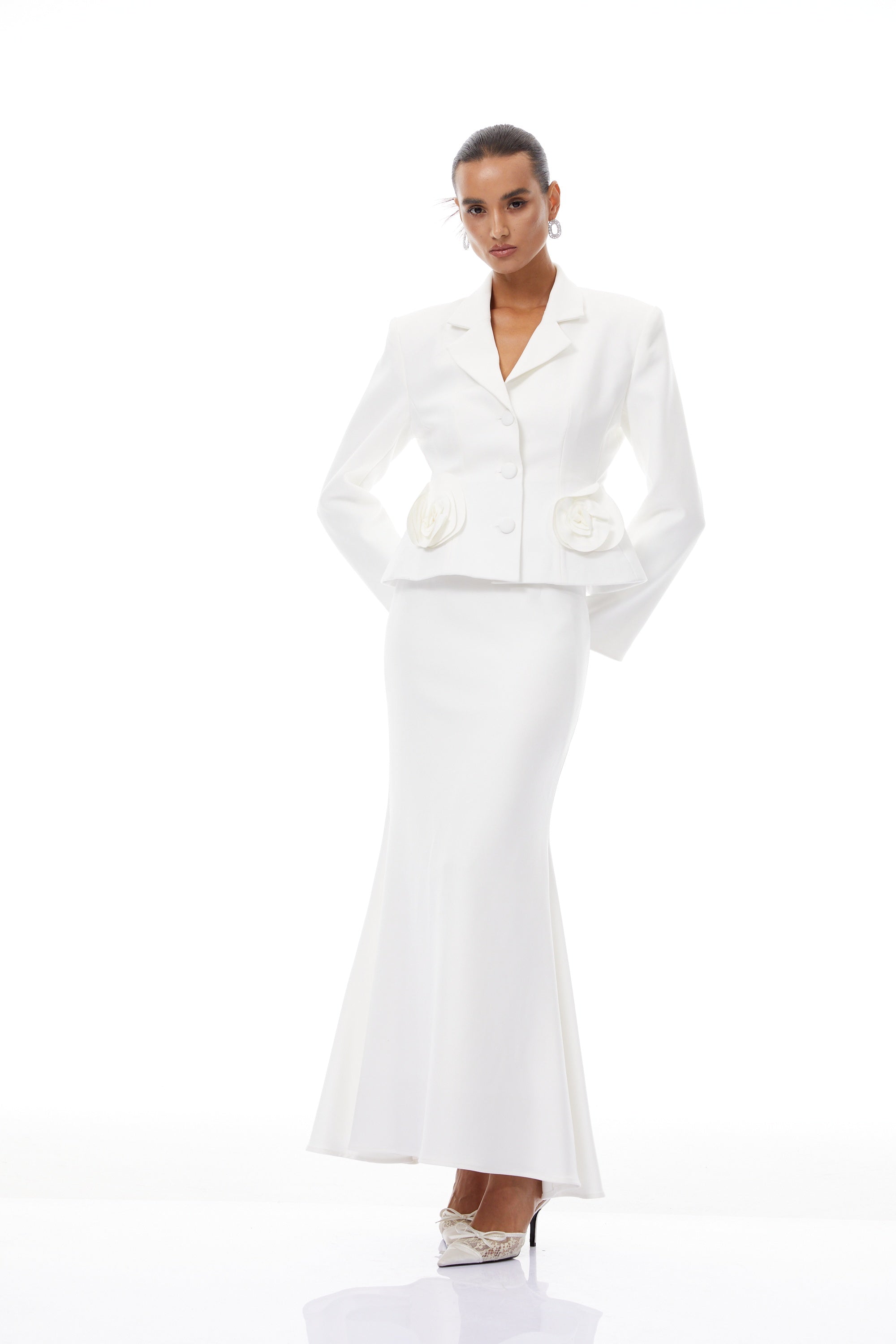 Odette White 3D Petal Blazer & Skirt Set