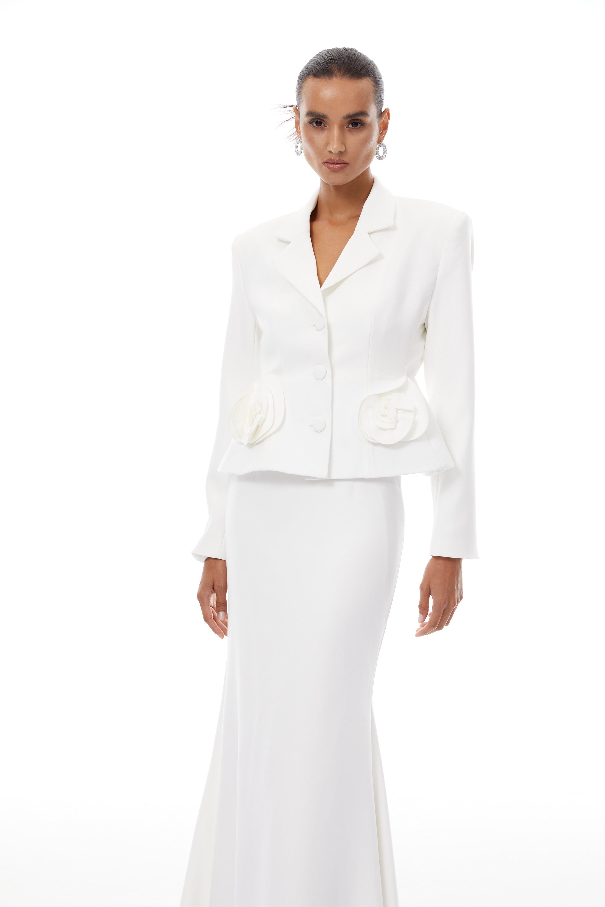 Odette White 3D Petal Blazer & Skirt Set