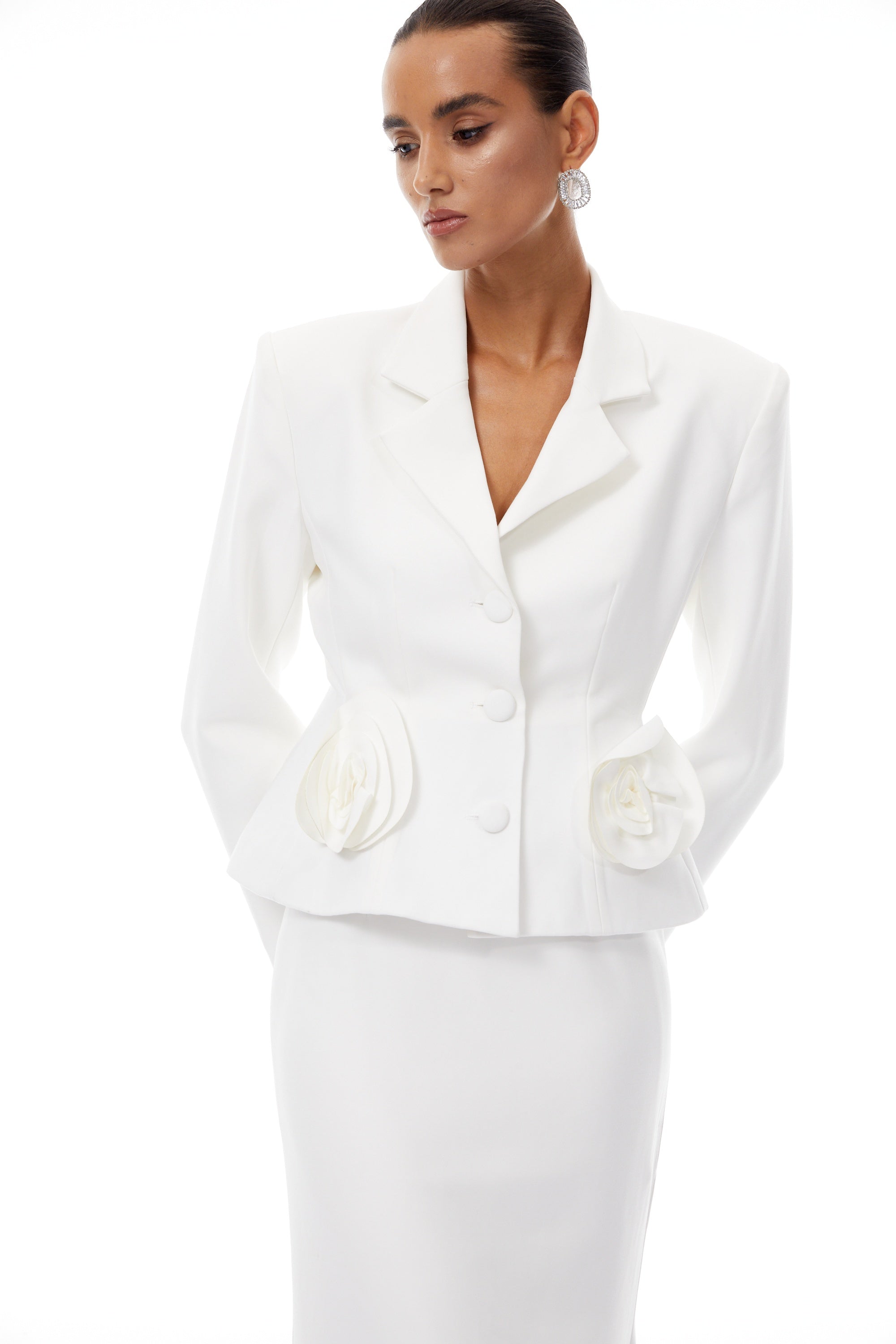 Odette White 3D Petal Blazer & Skirt Set