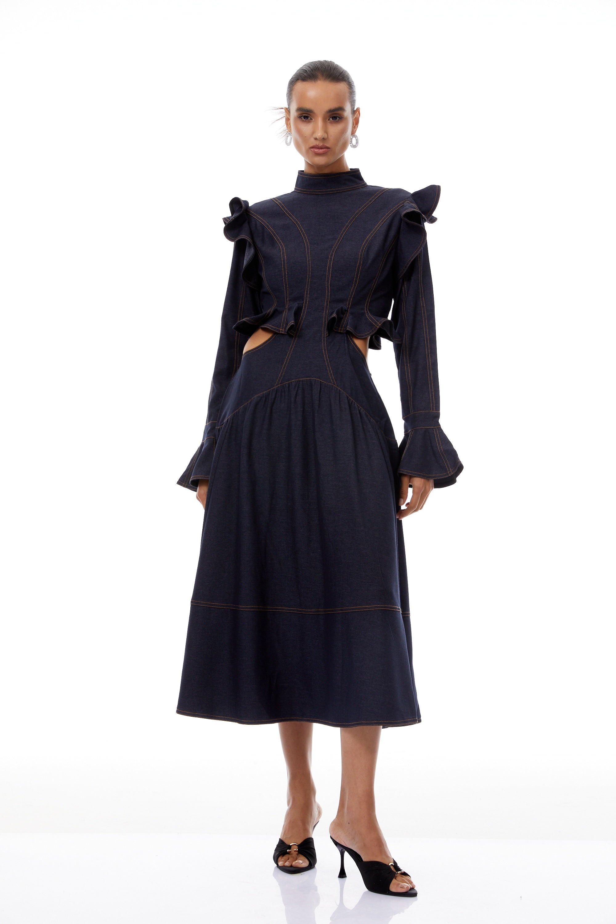 Wilhelmine Indigo Blue Ruffled Denim Midi Dress