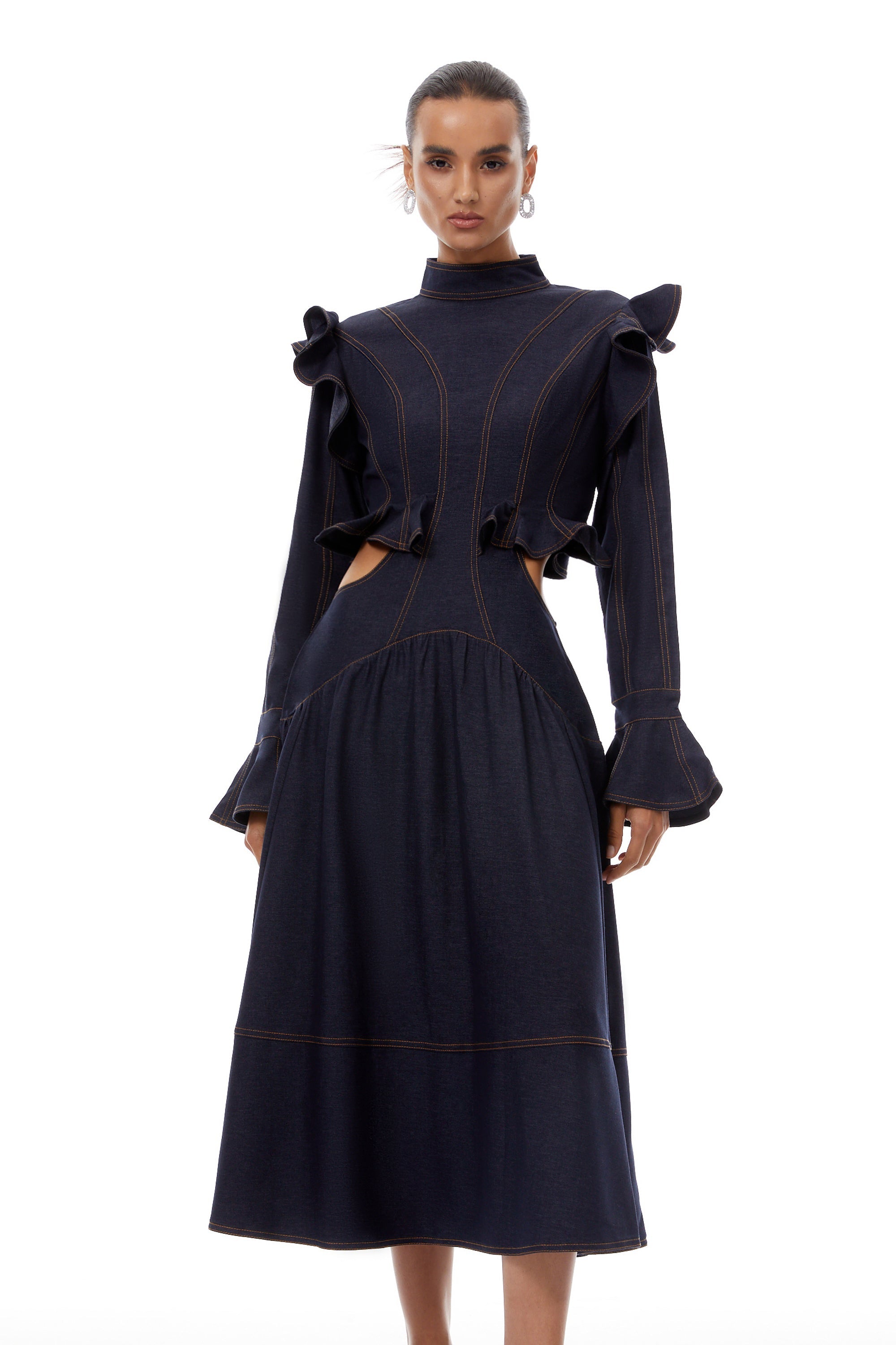 Wilhelmine Indigo Blue Ruffled Denim Midi Dress