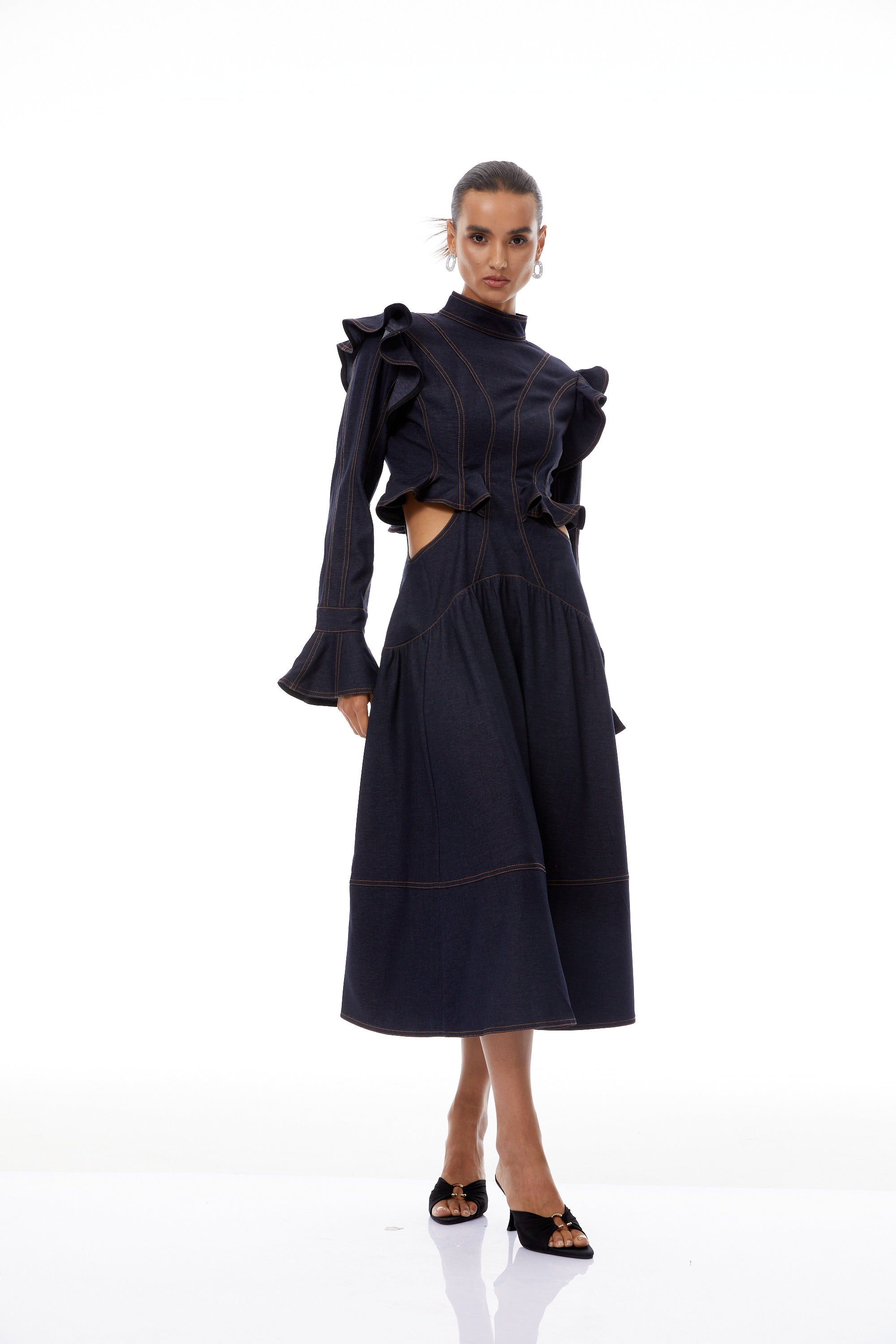 Wilhelmine Indigo Blue Ruffled Denim Midi Dress